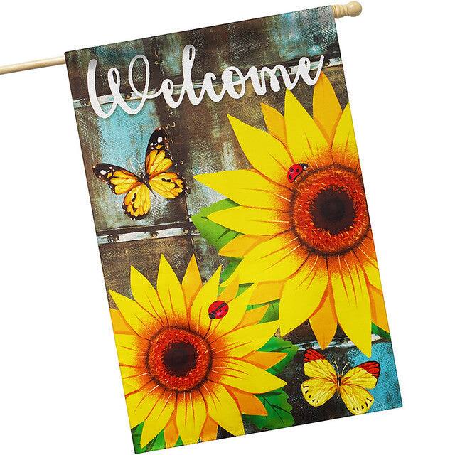 Front. G128 - House Flag Welcome Sunflowers and Butterflies, 28 x 40 in Printed Blockout Polyester, Outdoor Summer Decoration. - Assorted Colors.