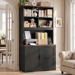 Aheaplus - 67.5" Tall Lockable File Cabinet with Charging Station, Adjustable Shelves & Printer Stand for Home Office - Black