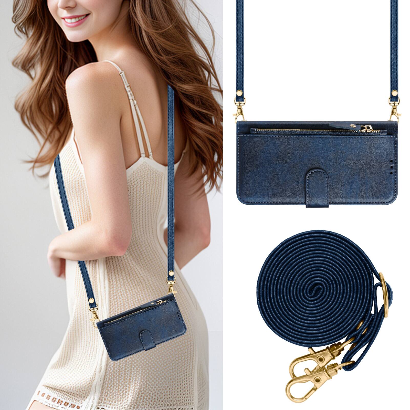 Alt View 3. Dteck - Wallet Case for Samsung Galaxy S26 Ultra, PU Leather Zipper Purse Credit Card Slots Flip Folio Cover with Straps - Blue.