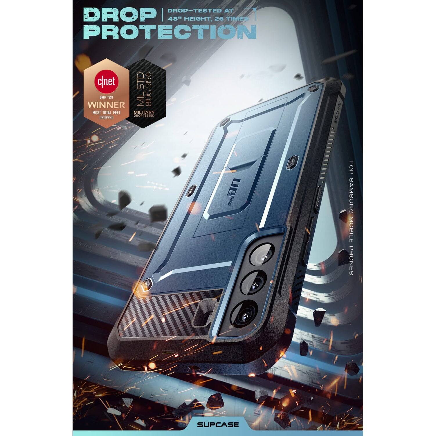 DROP PROTECTION

DROP-TESTED AT 48" HEIGHT, 26 TIMES

cnet WINNER
MOST TOTAL FEET DROPPED

MIL-STD 810G-516.6
MILITARY DROP TESTED

FOR SAMSUNG MOBILE PHONES

SUPCASE