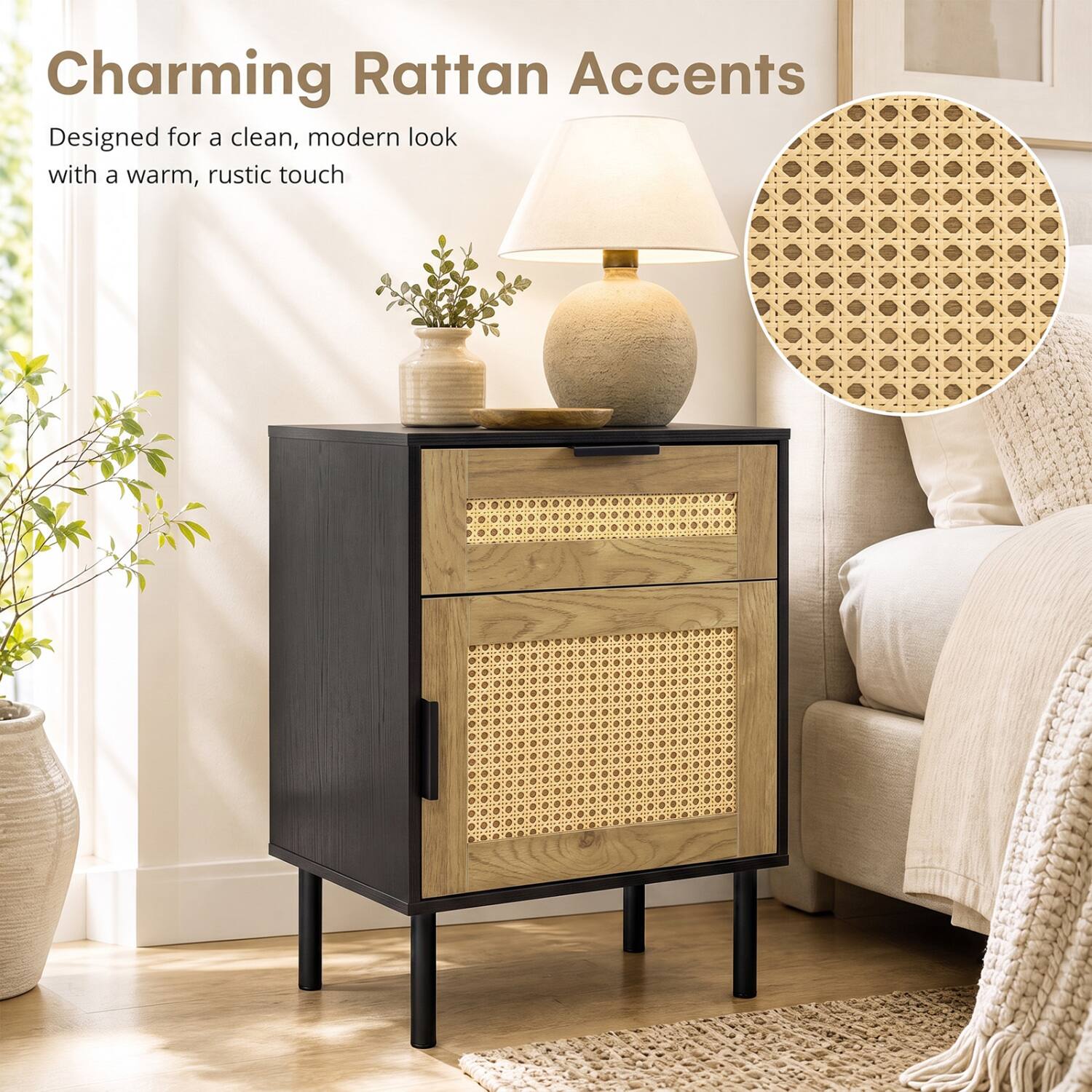 Charming Rattan Accents  
Designed for a clean, modern look with a warm, rustic touch