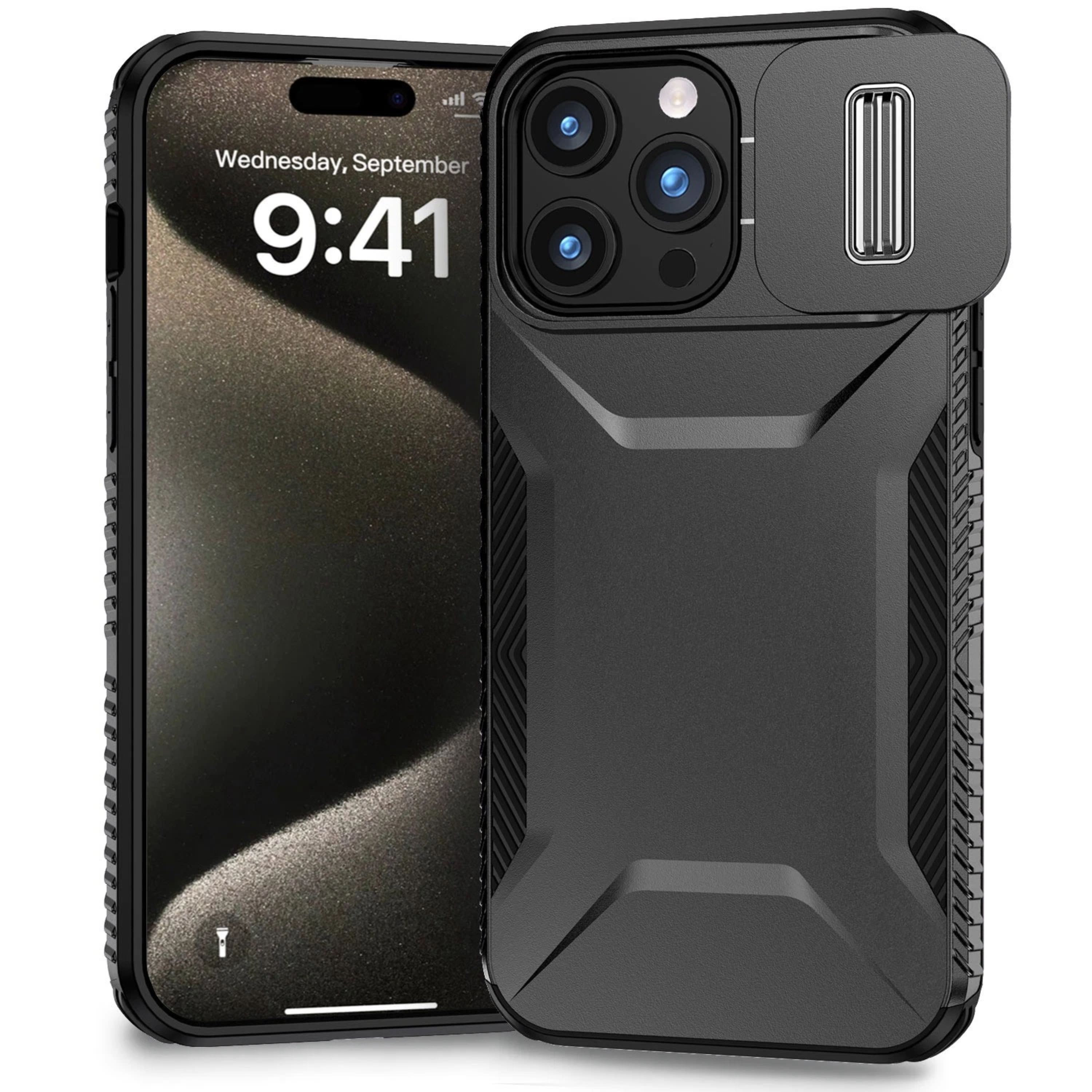 Kitcheniva - Rugged Sliding Lens Cover Case With Tempered Glass For iPhone 15 Pro Max - Black