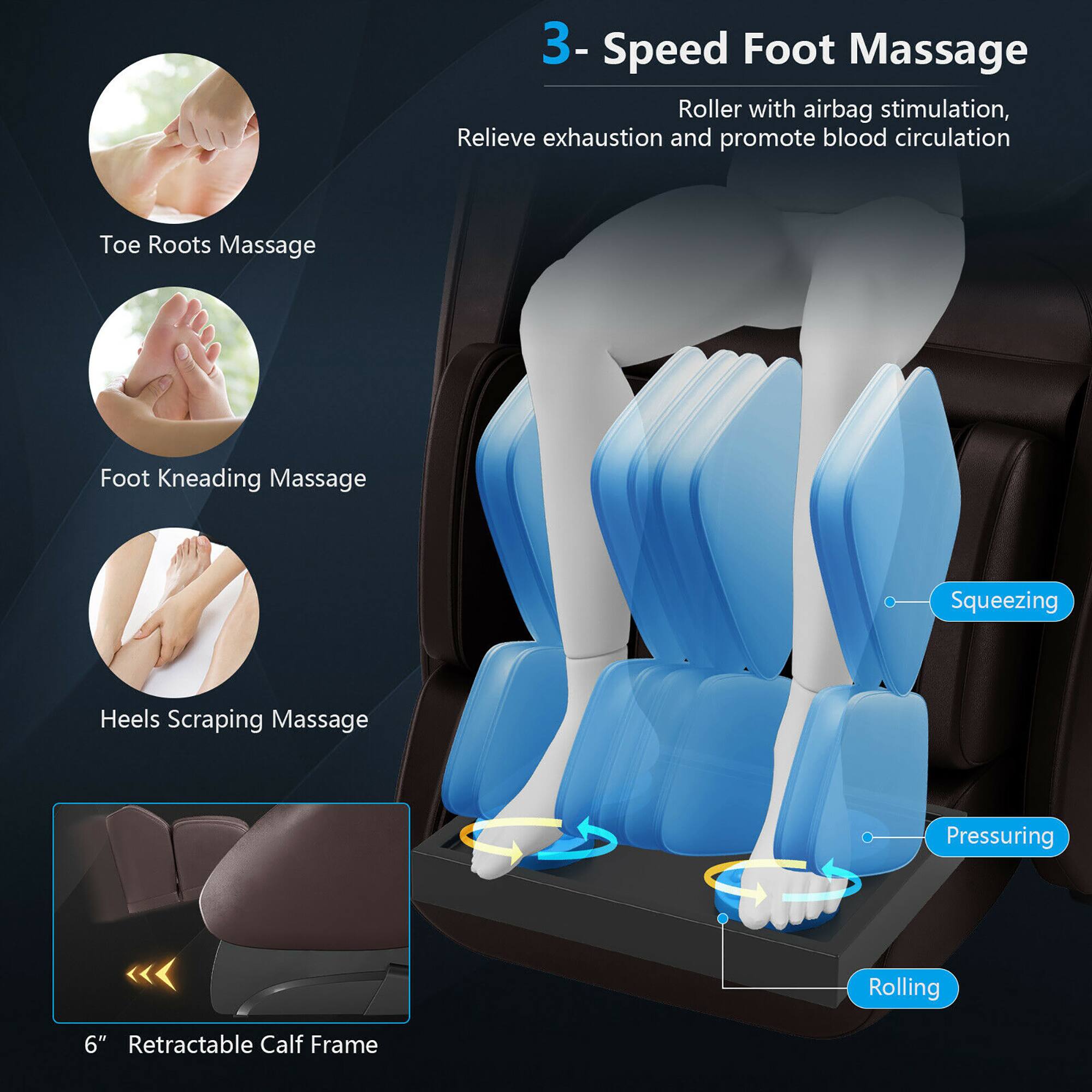 3-Speed Foot Massage Roller with airbag stimulation, Relieve exhaustion and promote blood circulation. Roots Massage Foot Kneading Massage, Squeezing Heels Scraping Massage, Pressuring Rolling 6" Retractable Calf Frame.