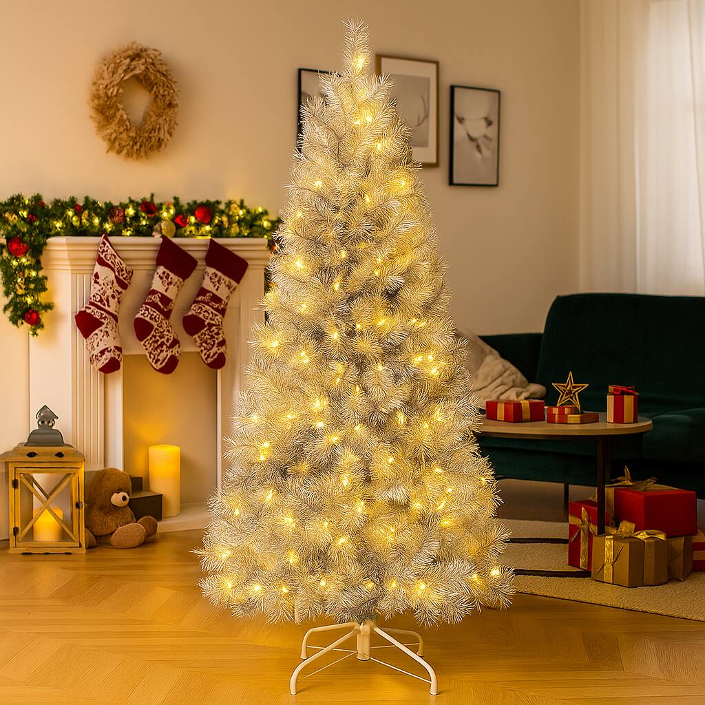 Angle. BreeBe - Decorative Prelit Christmas Tree – 5ft to 7ft for Parties and Holidays - Silver.