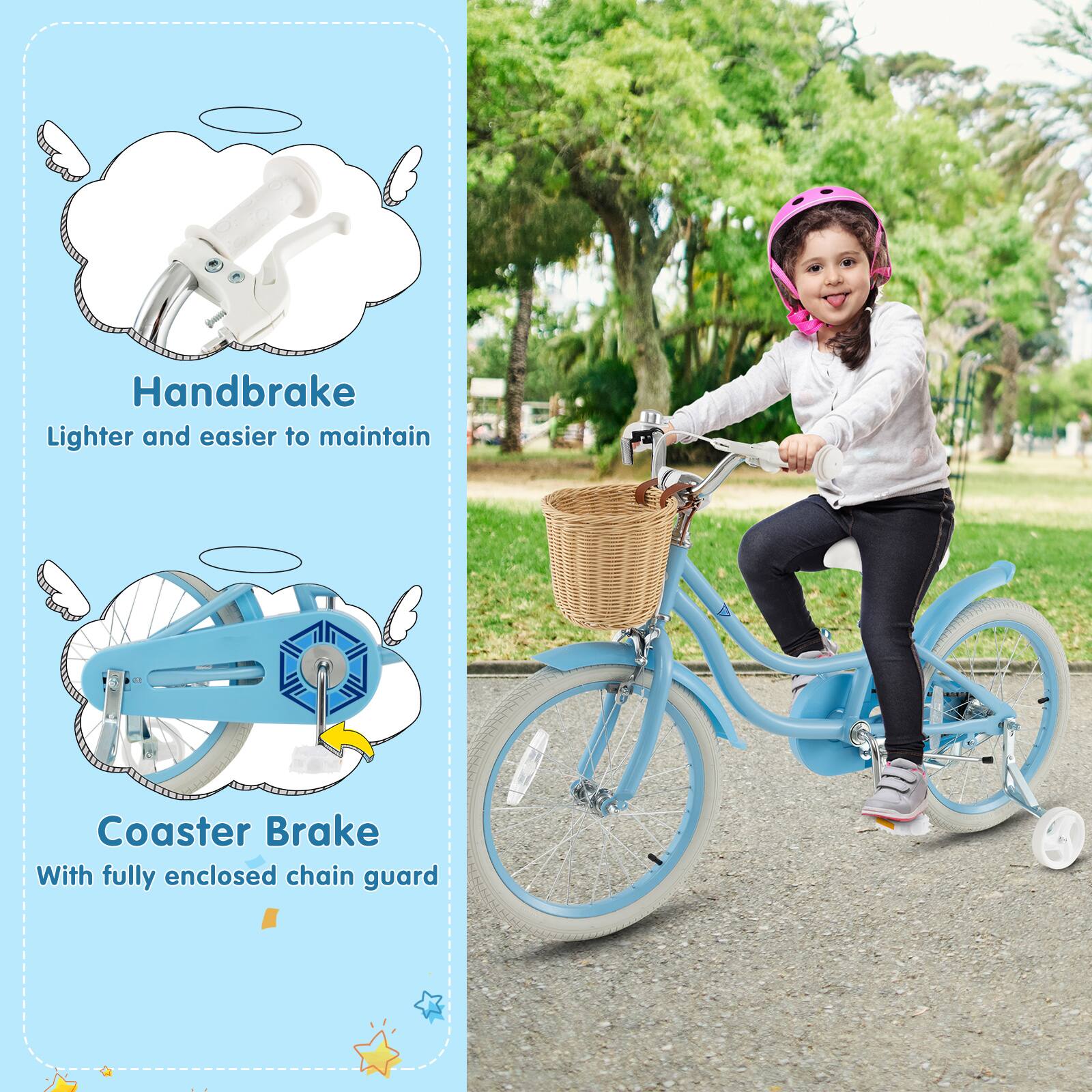 Handbrake  
Lighter and easier to maintain  

Coaster Brake  
With fully enclosed chain guard