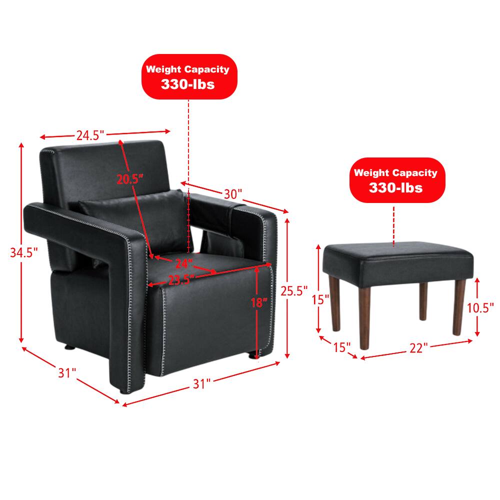 Weight Capacity: 330-lbs

Dimensions of the chair:
- Height: 34.5"
- Width: 24.5"
- Depth: 30"
- Seat Height: 18"
- Seat Depth: 20.5"
- Armrest Height: 24"
- Armrest Width: 23.5"
- Overall Width: 31"
- Overall Depth: 31"

Dimensions of the ottoman:
- Height: 15"
- Width: 25.5"
- Depth: 22"
- Seat Height: 10.5"