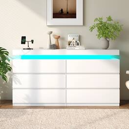 Vipbear - 6-Drawer Dresser with Sliding Desktop & Power Outlet - Black Storage Cabinet with LED Lights - White