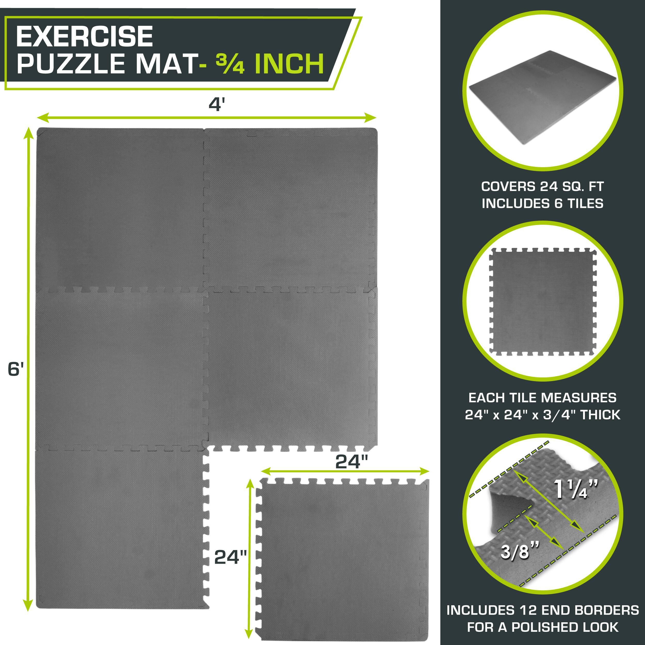 **Exercise Puzzle Mat - 3/4 Inch**

- **Coverage:** 4' x 6' (24 sq. ft.)
- **Includes:** 6 tiles, each measuring 24" x 24" x 3/4" thick
- **Additional Features:** 
  - 12 end borders for a polished look
  - Each tile has a 1 1/4" interlocking edge with a 3/8" overlap