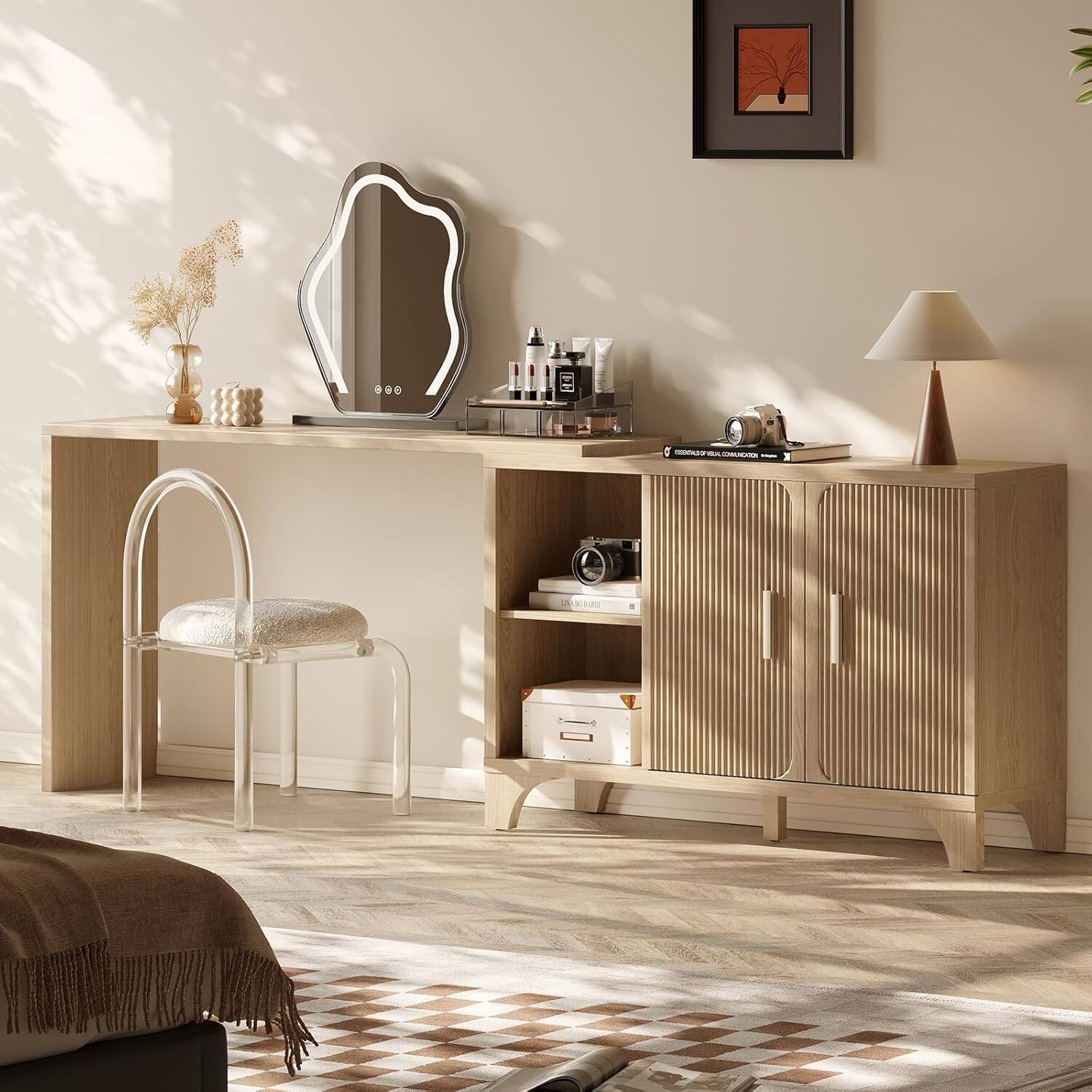 Alt View 7. HONGGE - Mid Century Modern Buffet Cabinet with Fluted Doors and Spacious Storage - Brown.