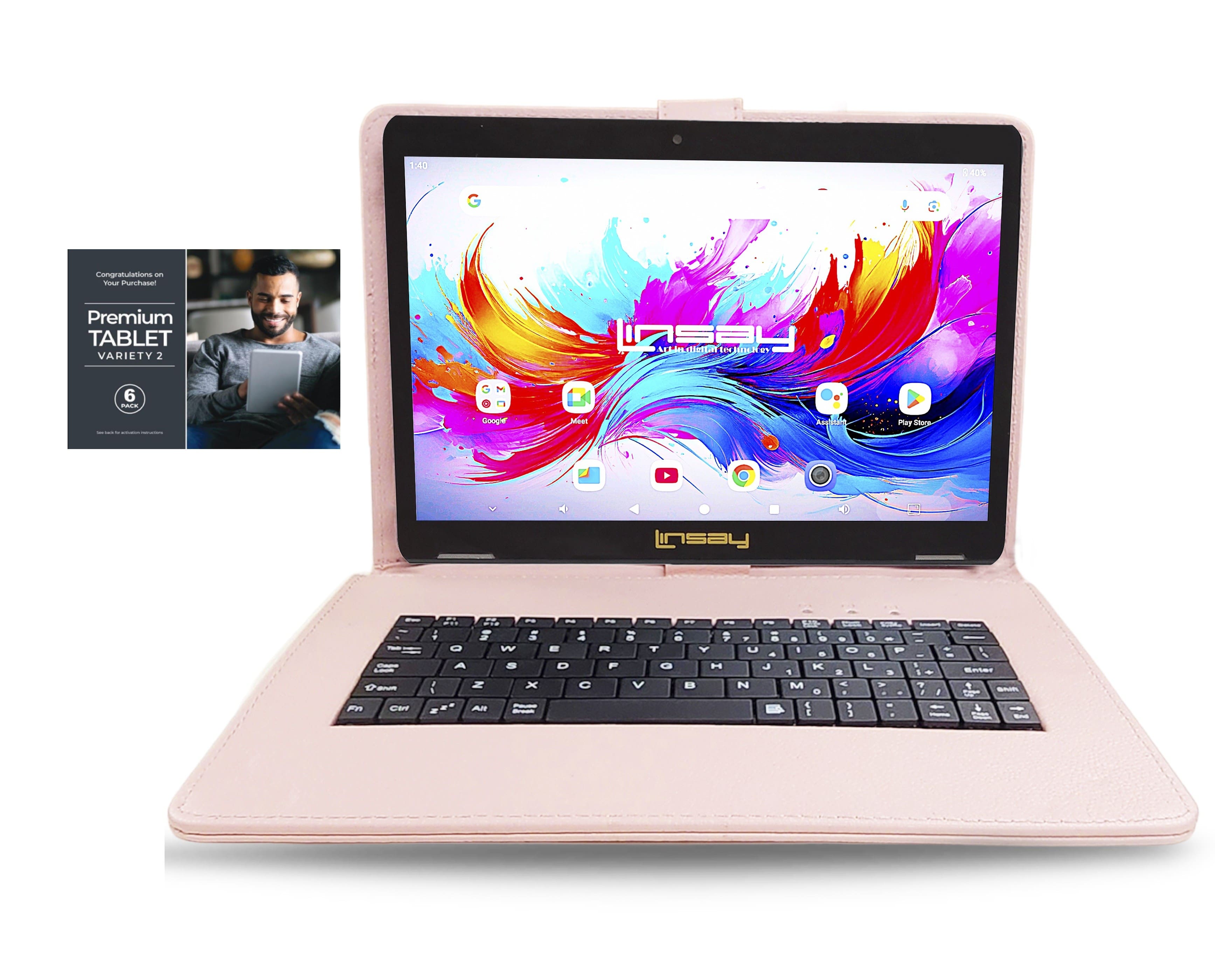 LINSAY - 10.1"Octa Core 256GB Storage Android 15 Tablet with Style Keyboard Premium TABLET Variety Applications - Pink