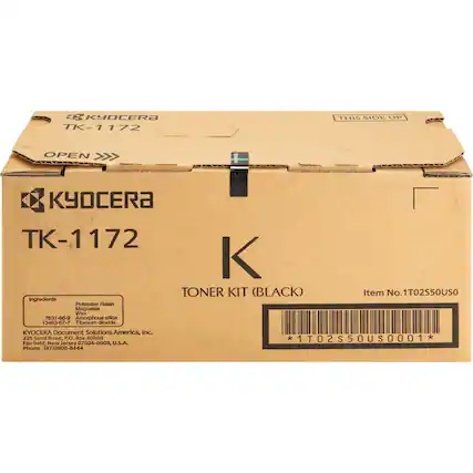 E8 KYOCERA TK-1172
THIS SIDE UP
OPEN KYOCERA K-1172 K TONER KIT (BLACK)
Item No. 1T02550US0
Ingredients:
Polyester Resin 7631-86-9
Magnetite Wax
Amorphous Silica 13463-67-7
Titanium Dioxide
KYOCERA Document Solutions America, Inc.
225 Sand Road, P.O. Box 40008
Fairfield, New Jersey 07004-0008
U.S.A.
Phone: (973) 808-8444
*1T02S50US0001*