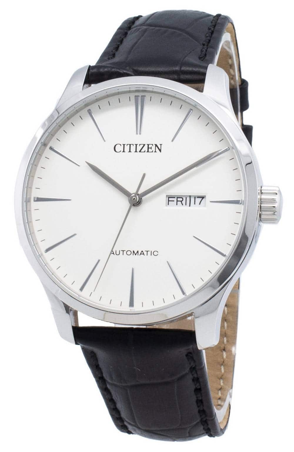 Citizen - Automatic NH8350-08B Mens Watch Leather Strap White Dial Day/Date Display 50M - Black