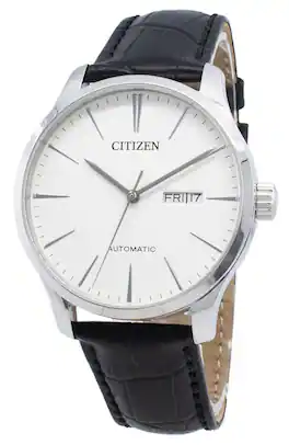 Citizen - Automatic NH8350-08B Mens Watch Leather Strap White Dial Day/Date Display 50M - Black
