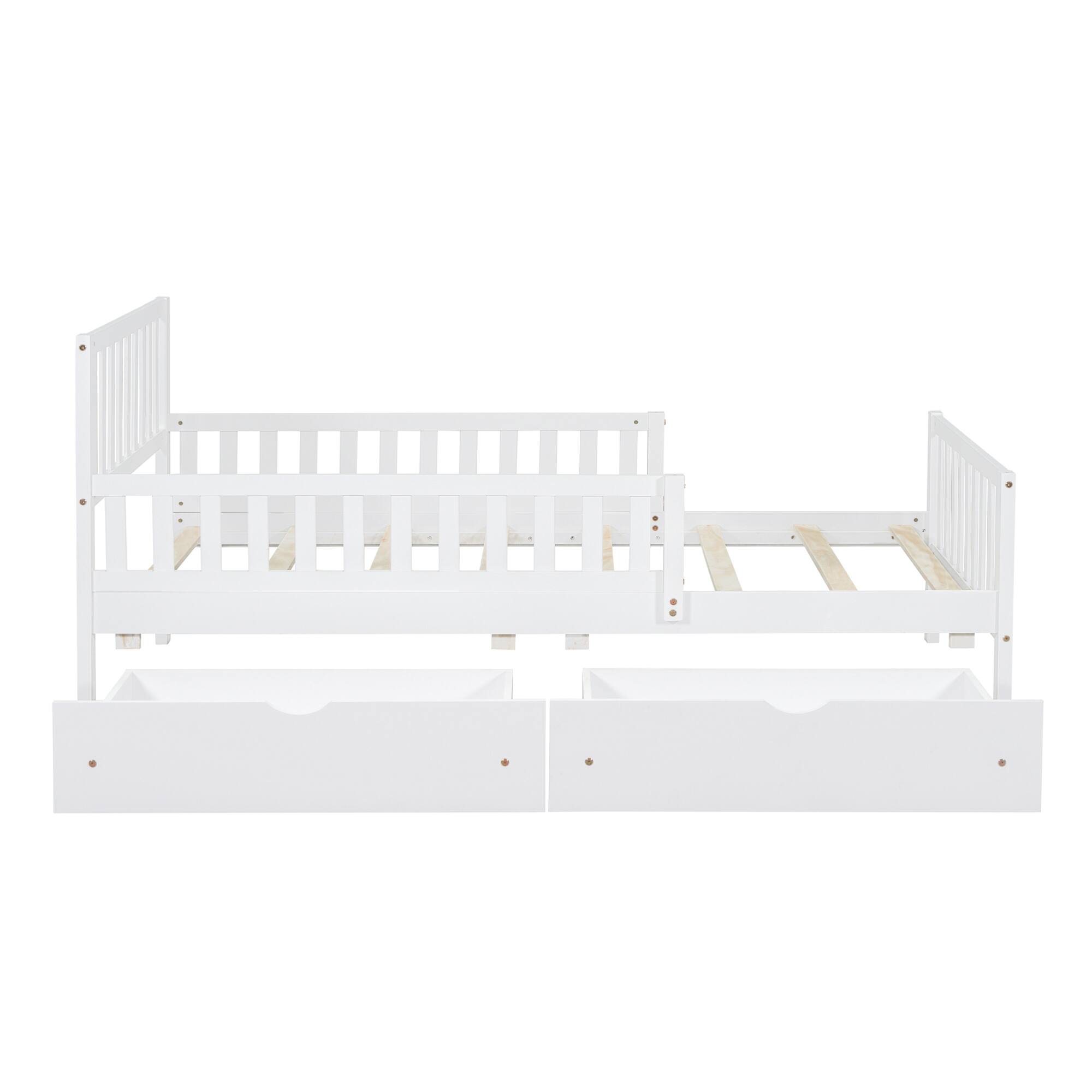 Alt View 1. GOODSILO - Twin Size Wood Platform Bed with Dual Guardrails and Underbed Storage Drawers for Enhanced Safety and Organization - White.