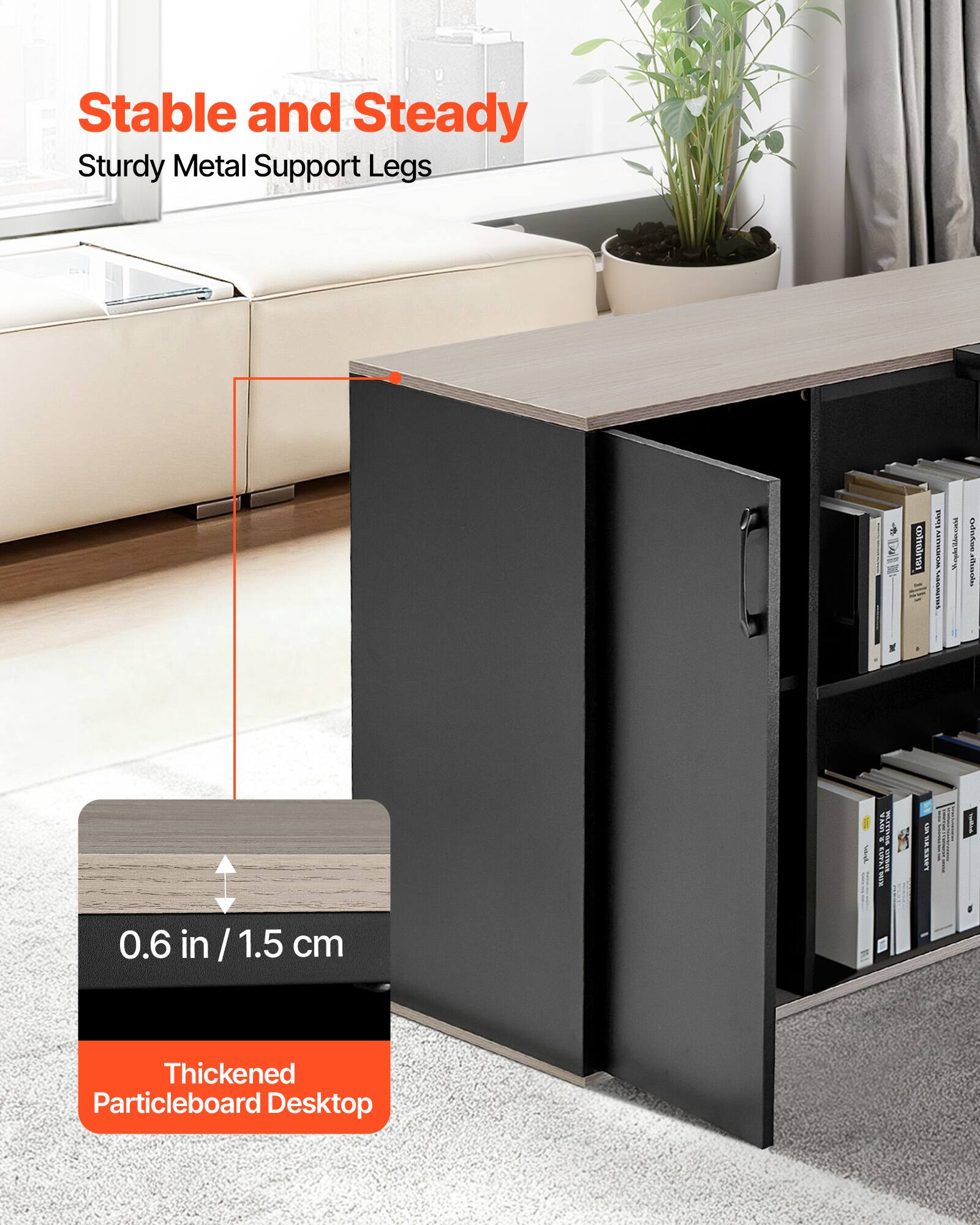 Stable and Steady  
Sturdy Metal Support Legs  

0.6 in / 1.5 cm Thickened Particleboard Desktop