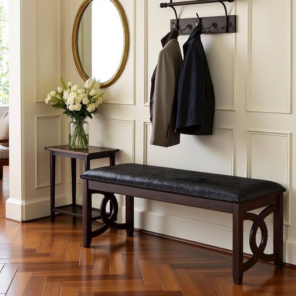Left. FurniFact - Ebony Black Solid Wood 46 Inch Faux Leather Vintage Bench For Living Room - Black.