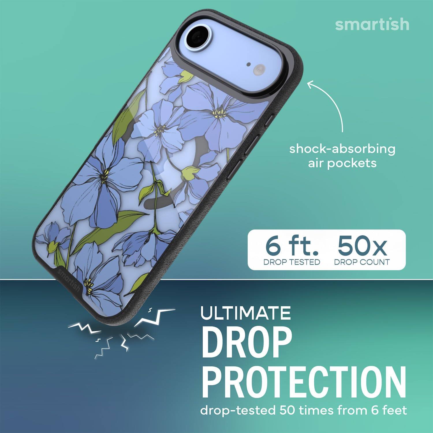 smartish  
shock-absorbing air pockets  
smartish  
6 ft. 50x DROP TESTED DROP COUNT  
ULTIMATE DROP PROTECTION  
drop-tested 50 times from 6 feet