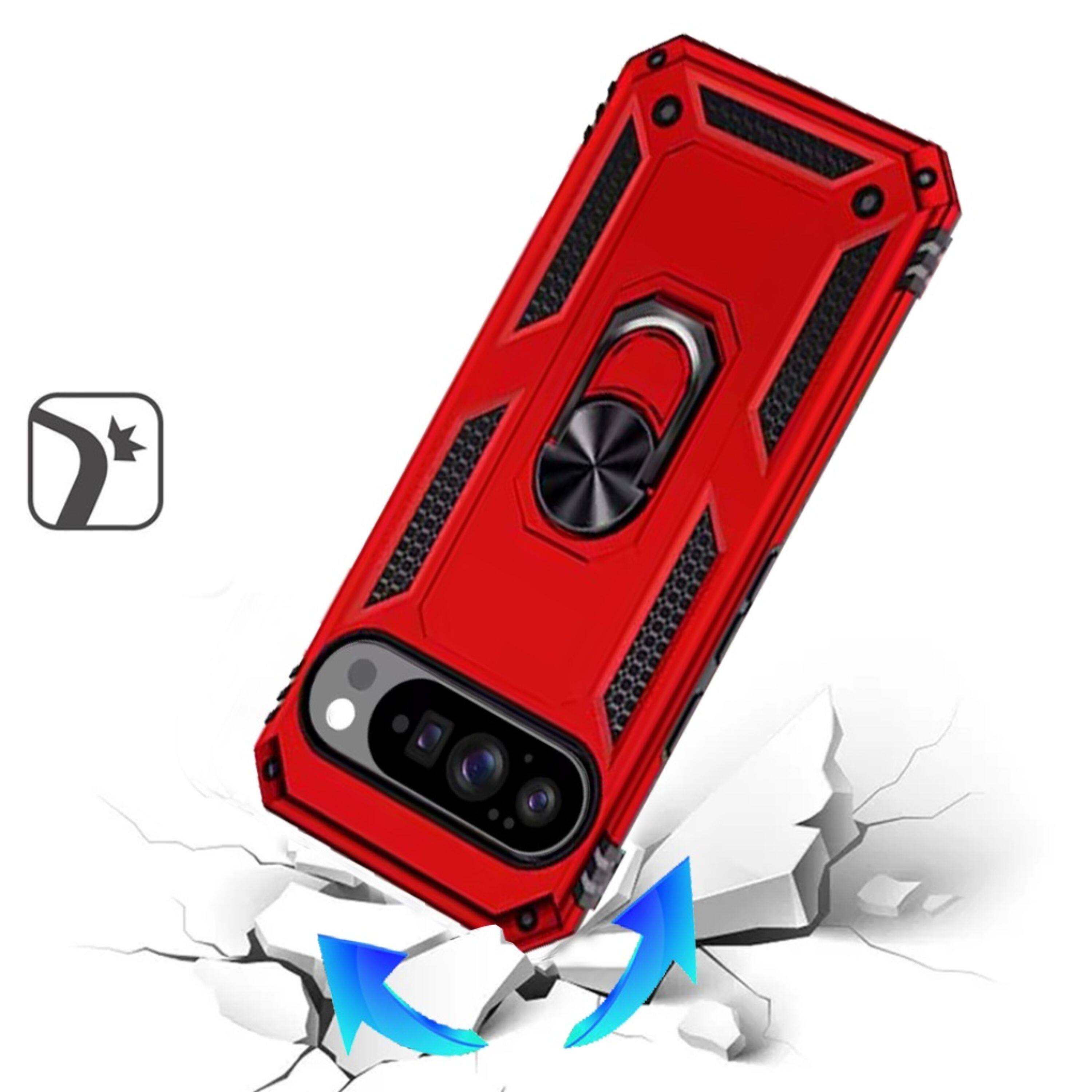 Left. Kitcheniva - Dual Layer Case Ring Holder Magnetic Kickstand Phone Cover With Tempered Glass For Google Pixel 10/10 Pro Red - Red.