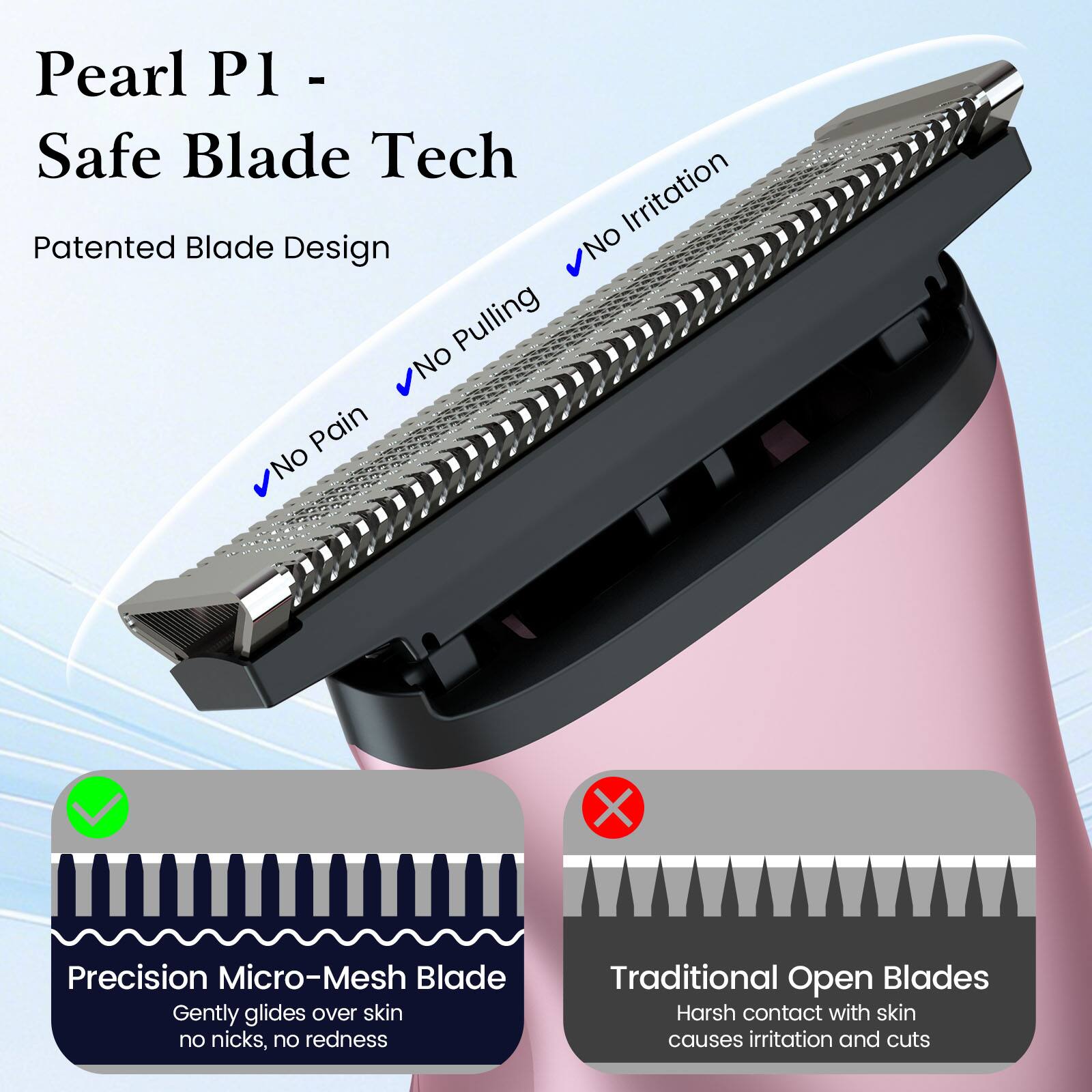 Pearl P1 - Safe Blade Tech

Patented Blade Design

No Irritation
No Pulling
No Pain

Precision Micro-Mesh Blade
Gently glides over skin, no nicks, no redness

Traditional Open Blades
Harsh contact with skin causes irritation and cuts
