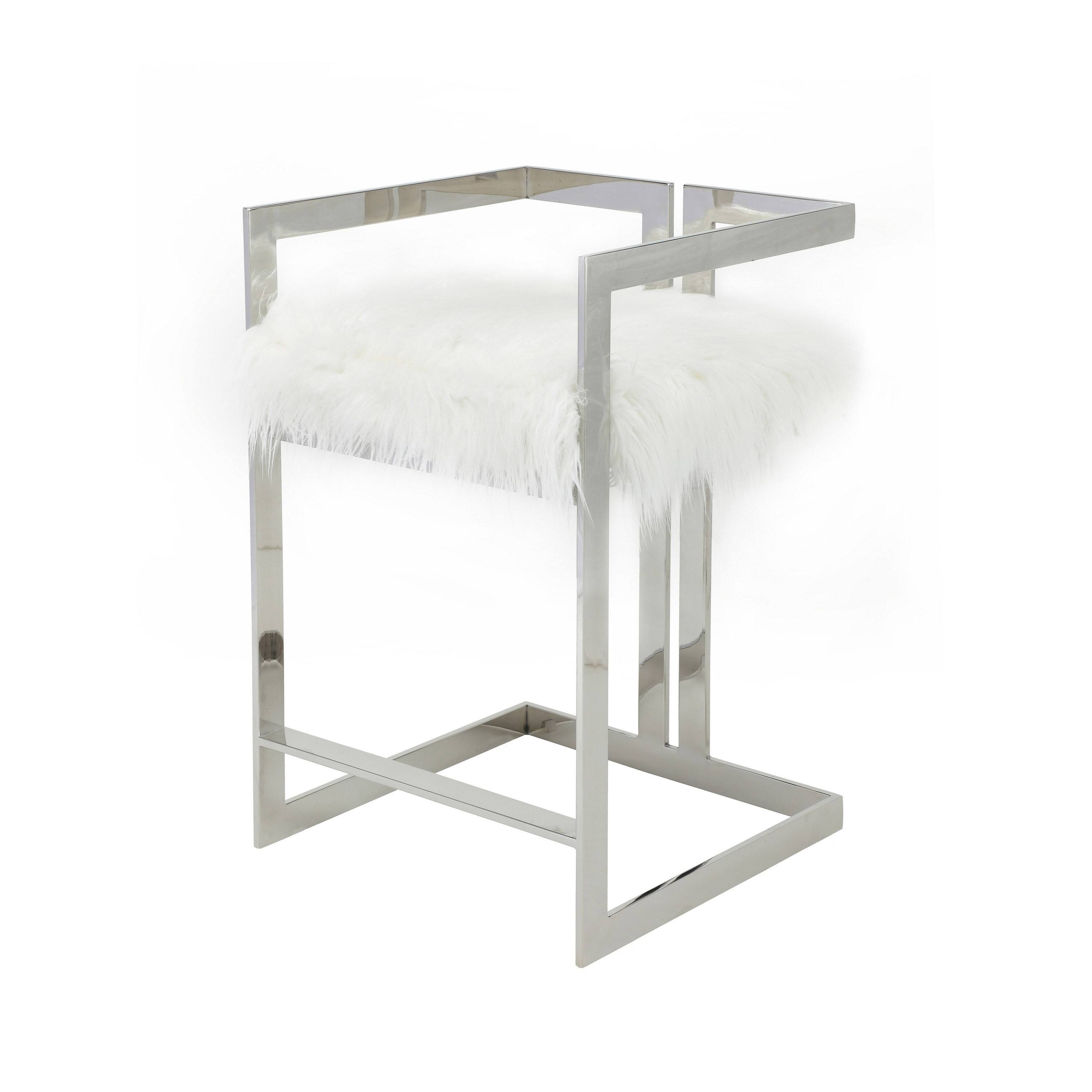 Left. Manhattan Lane - Suki 26 Inch Counter Stool Chair,  Faux Fur, Stainless Steel - White, Silver.