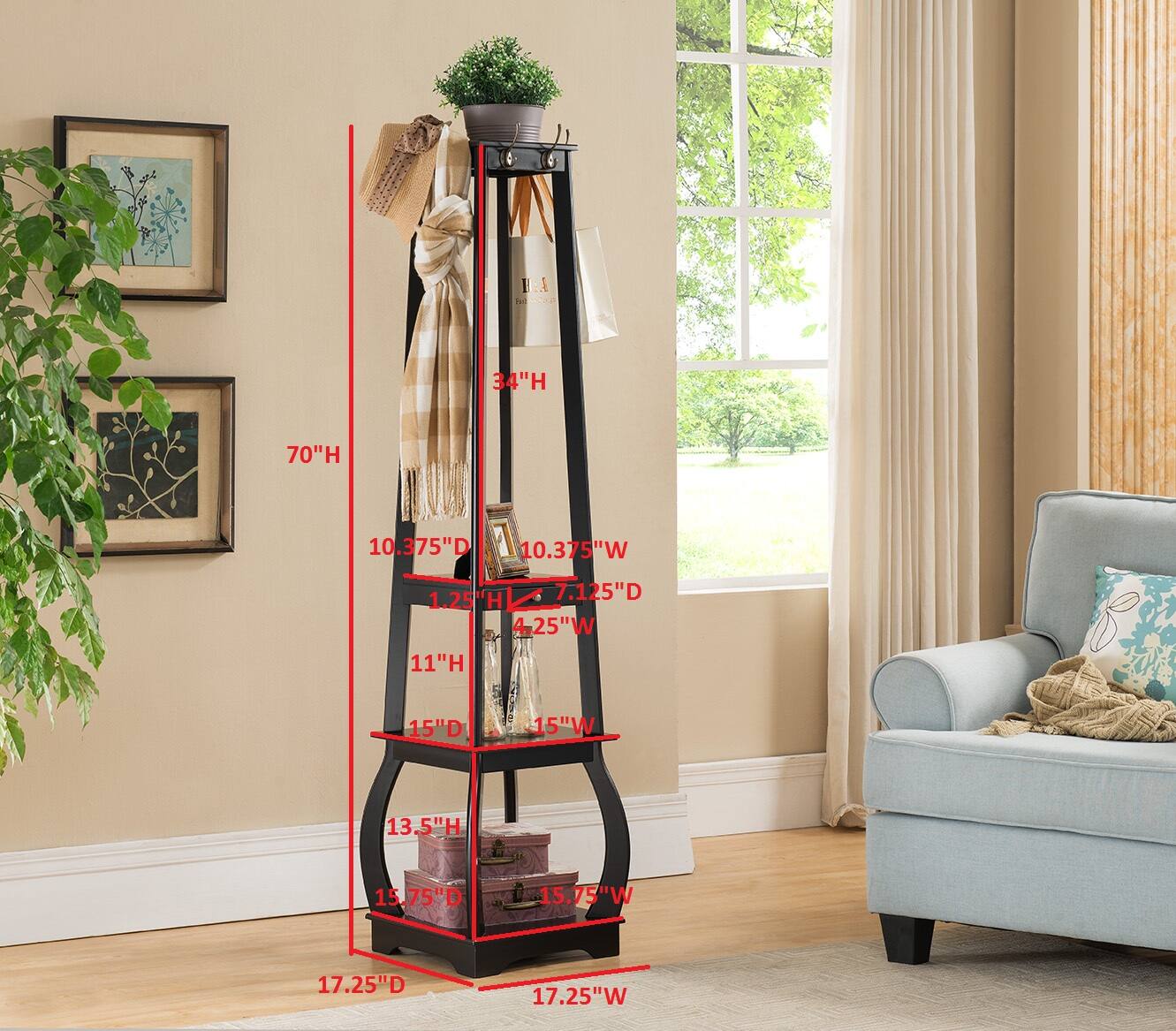 - 70"H
- 34"H
- 10.375"D x 10.375"W
- 1.25"H x 7.125"D x 4.25"W
- 11"H x 15"D x 15"W
- 13.5"H x 15.75"D x 15.75"W
- 17.25"D x 17.25"W