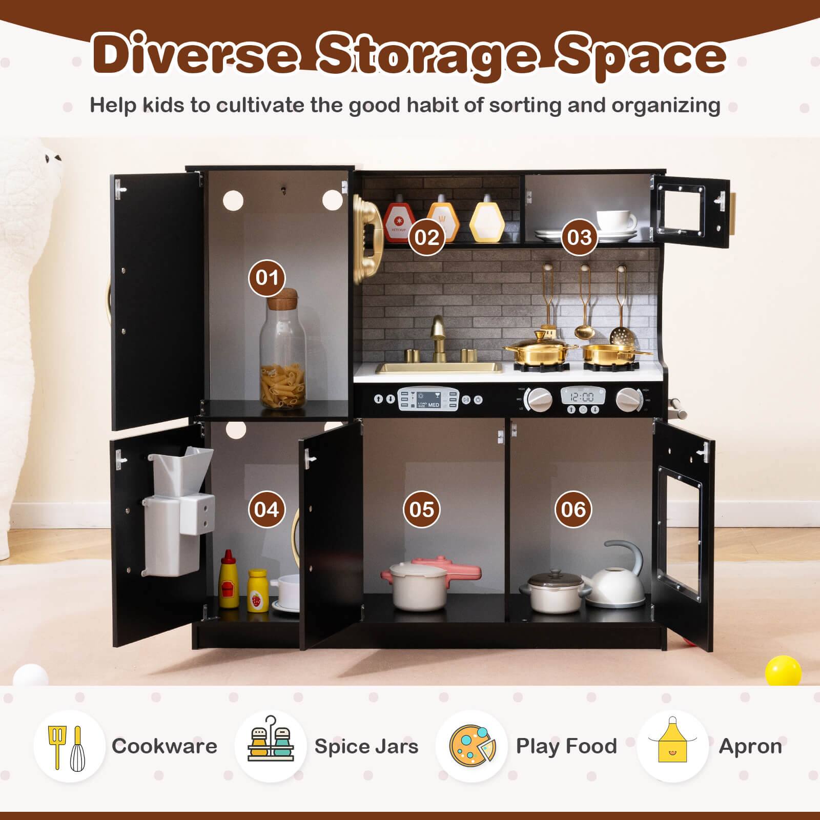 Diverse Storage Space  
Help kids to cultivate the good habit of sorting and organizing  

1. Cookware  
2. Spice Jars  
3. Play Food  
4. Apron
