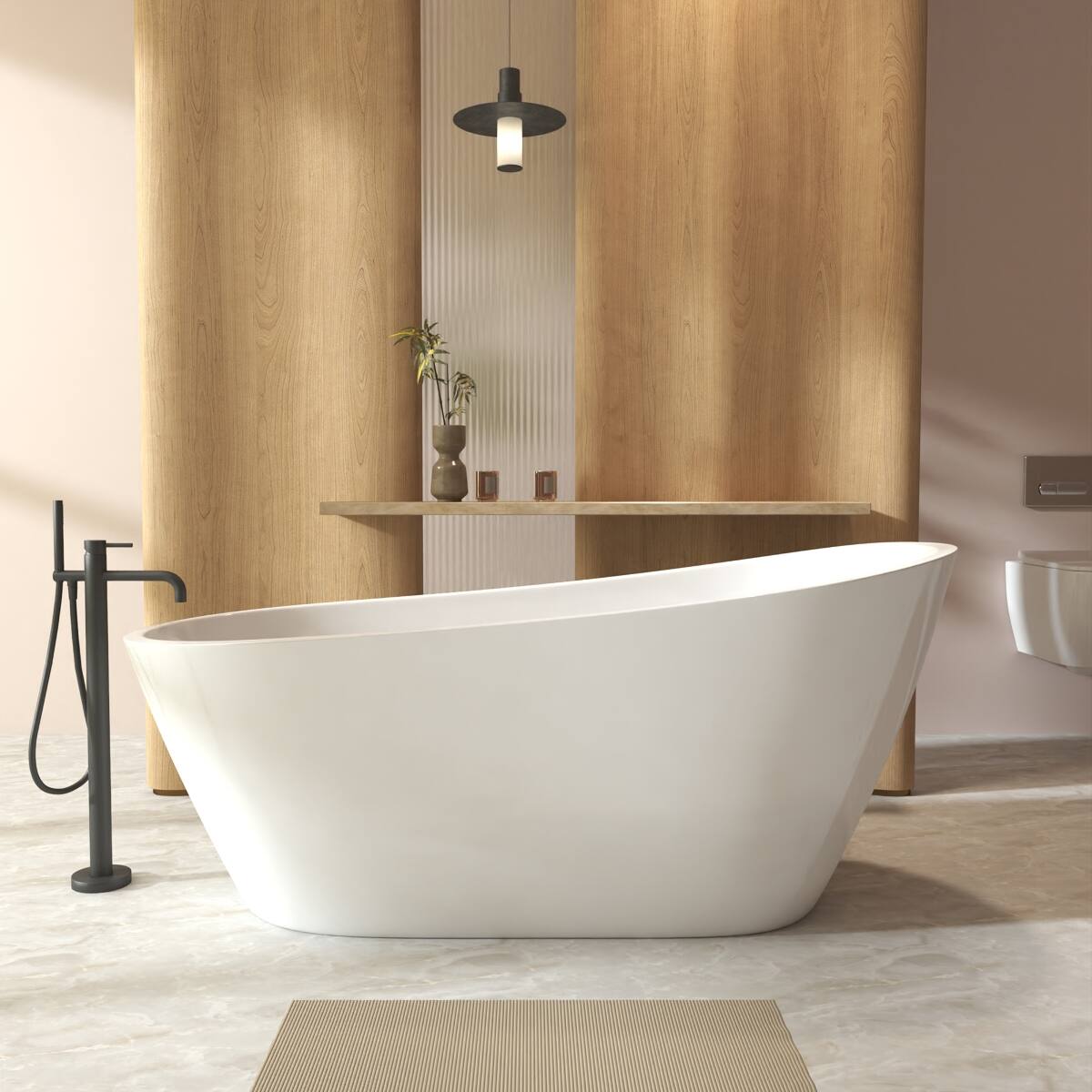 Alt View 4. Loheer - Loheer 67 in Freestanding Acrylic Slipper Bathtub Gloss White Oval Soaking Tub with Chrome Overflow and Drain - White.