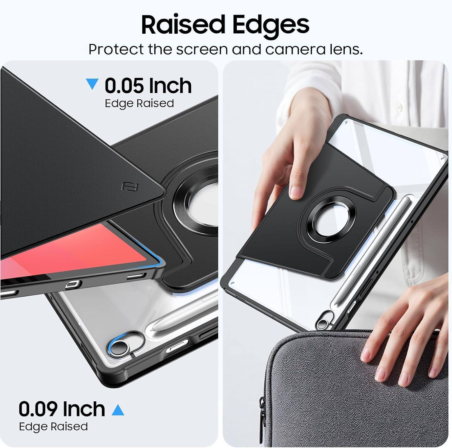 Raised Edges Protect the screen and camera lens.  
0.05 Inch Edge Raised  
0.09 Inch Edge Raised