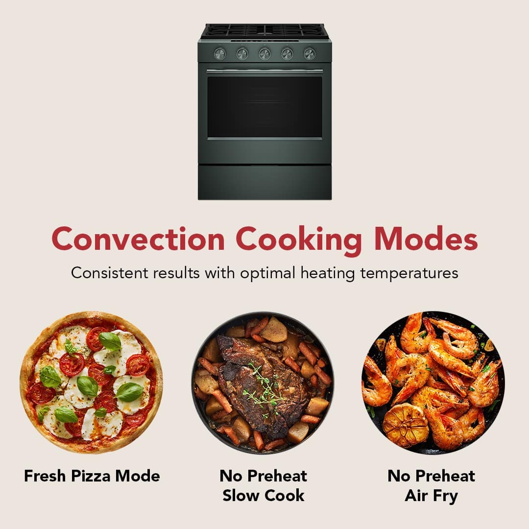 Convection Cooking Modes
Consistent results with optimal heating temperatures
Fresh Pizza Mode
No Preheat Slow Cook
No Preheat Air Fry