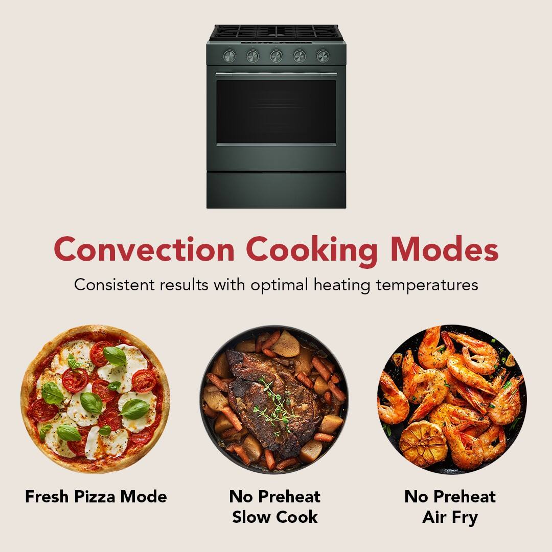 Convection Cooking Modes  
Consistent results with optimal heating temperatures  

Fresh Pizza Mode  
No Preheat Slow Cook  
No Preheat Air Fry