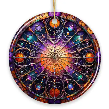 Front. OrnamentallyYou - Whispering Shadows Enchanted Cobweb Stained Glass Style Ceramic Ornament Halloween Themed Christmas - Multi-colored.