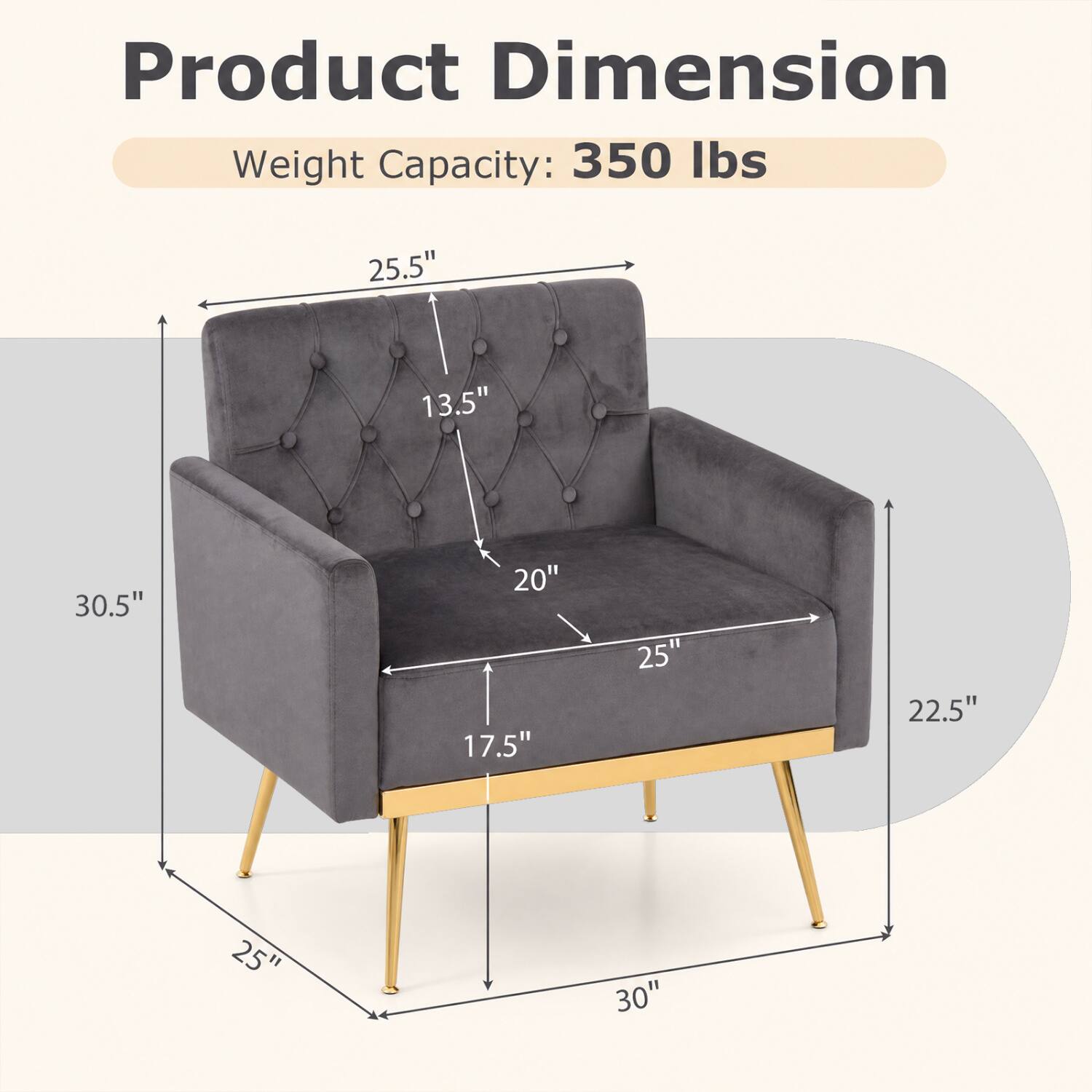 Product Dimension Weight Capacity: 350 lbs

25.5"  
13.5"  
30.5"  
20"  
17.5"  
25"  
22.5"  
25"  
30"