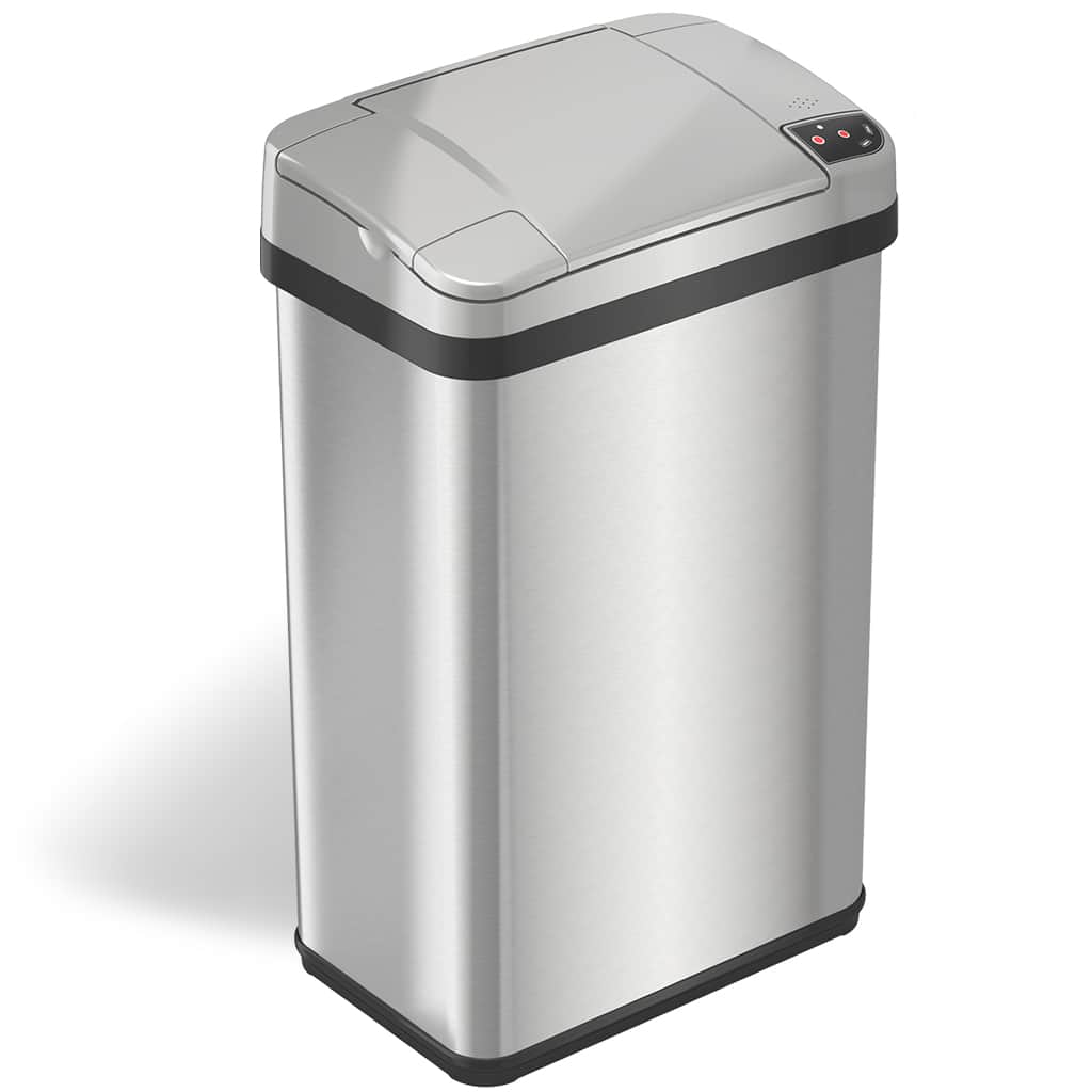 Angle. iTouchless - 4 Gallon Touchless Sensor Trash Can with AbsorbX Odor Control and Fragrance, Bathroom Garbage Bin - Stainless Steel.