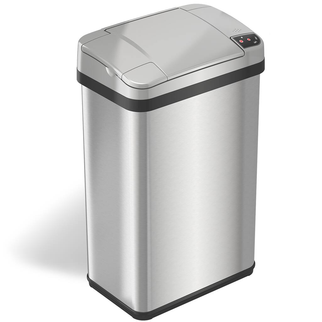 Angle. iTouchless - 4 Gallon Touchless Sensor Trash Can with AbsorbX Odor Control and Fragrance, Bathroom Garbage Bin - Stainless Steel.