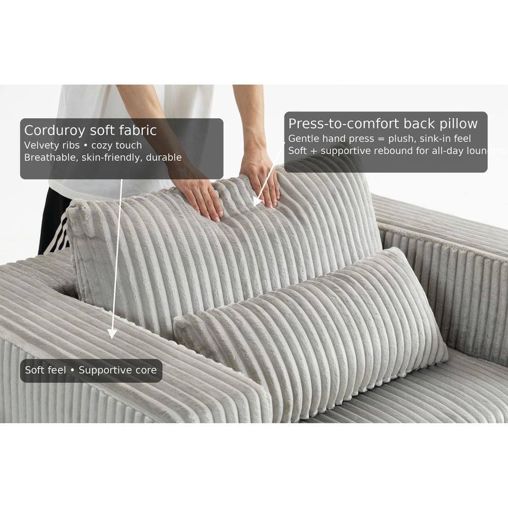 - Corduroy soft fabric
  - Velvety ribs • cozy touch
  - Breathable, skin-friendly, durable

- Press-to-comfort back pillow
  - Gentle hand press = plush, sink-in feel
  - Soft + supportive rebound for all-day lounging

- Soft feel • Supportive core