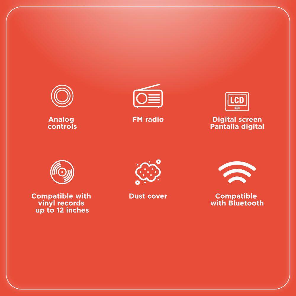 - Analog controls
- FM radio
- Digital screen (Pantalla digital)
- Compatible with vinyl records up to 12 inches
- Dust cover
- Compatible with Bluetooth