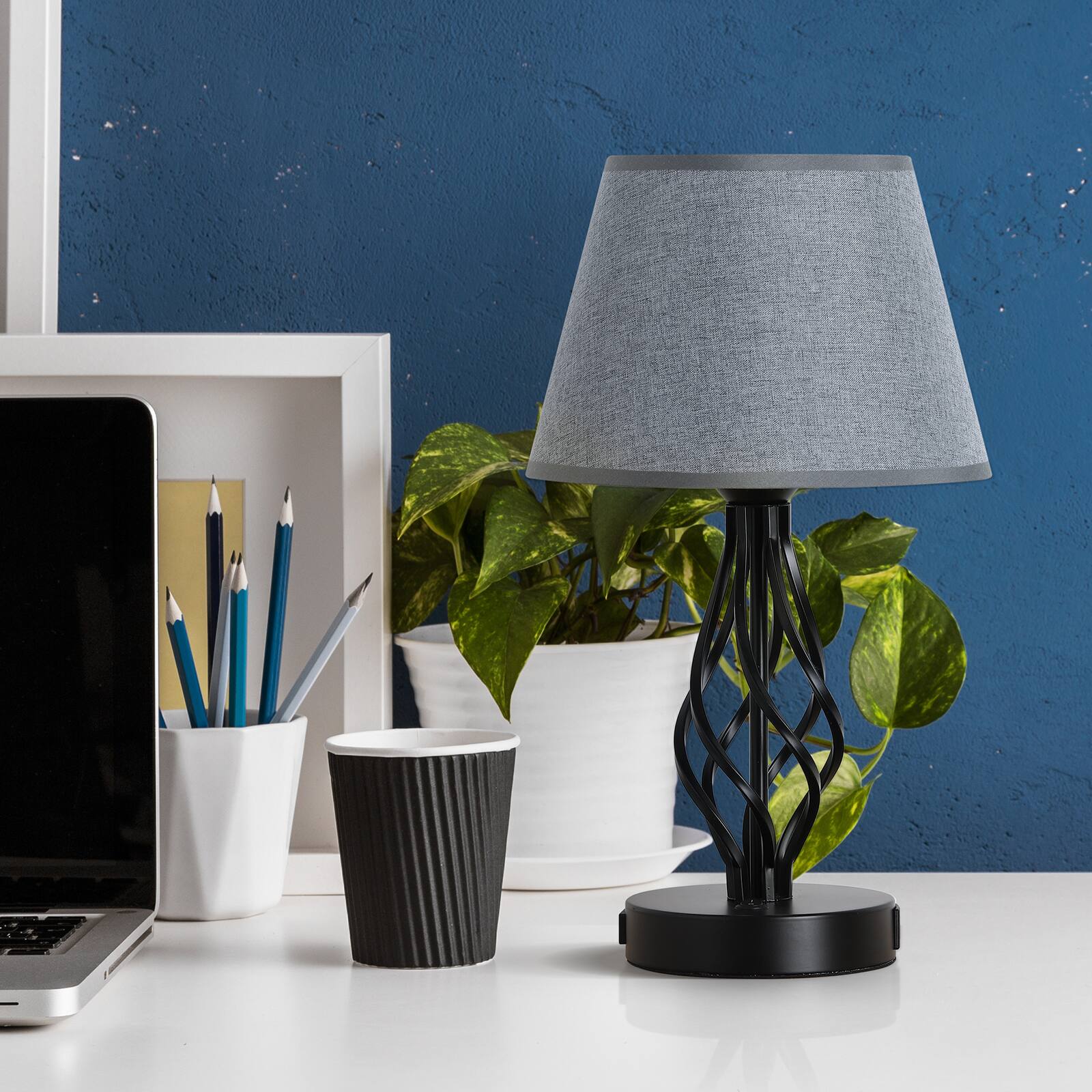 Alt View 2. Oumilen - Twisted Iron Base Table Lamp with USB & AC Ports Grey Shade.