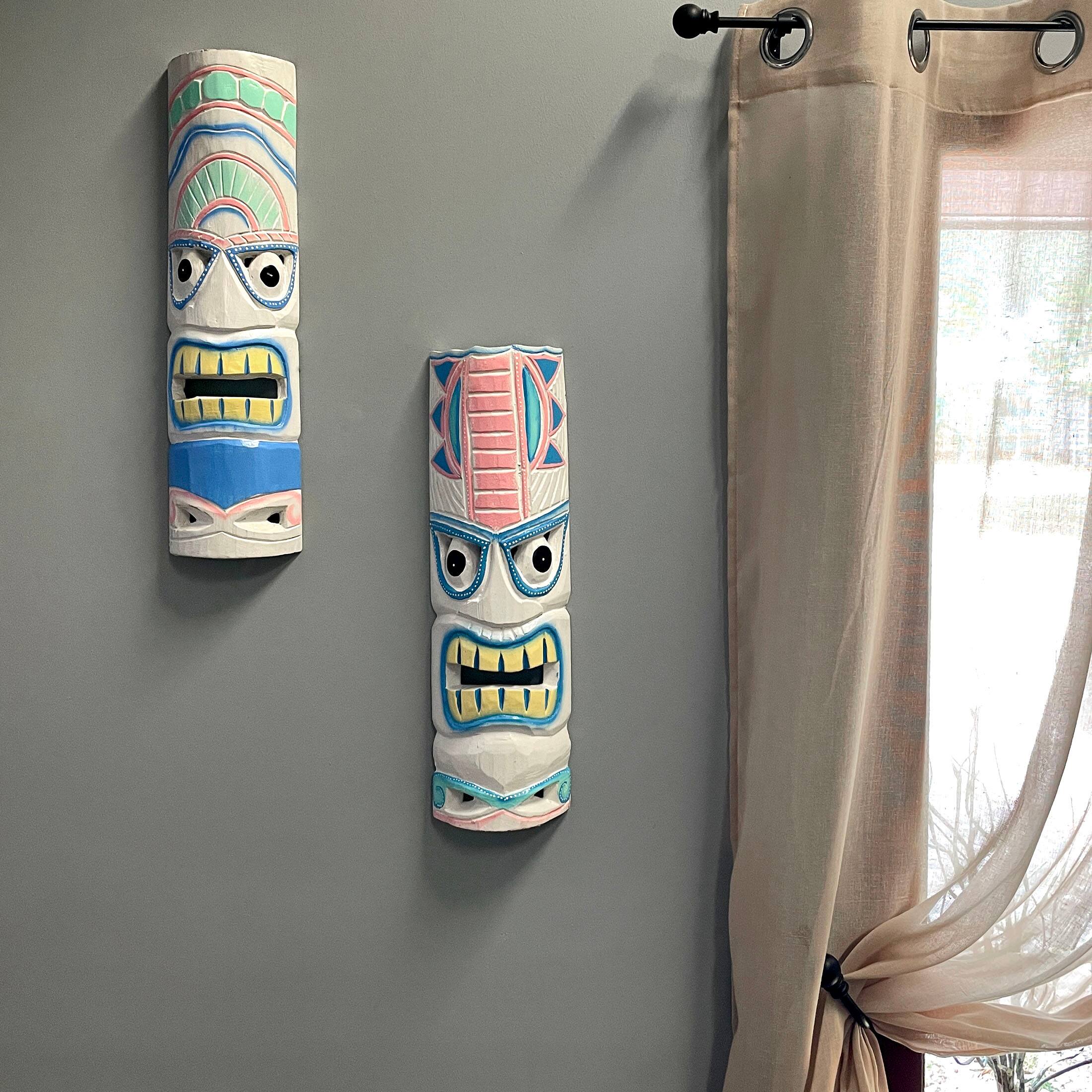 Alt View 7. Chesapeake Bay - Set of 2 - 20" Pastel Pink & Blue Tiki Masks Wood Wall Decor Indoor/Outdoor - White.