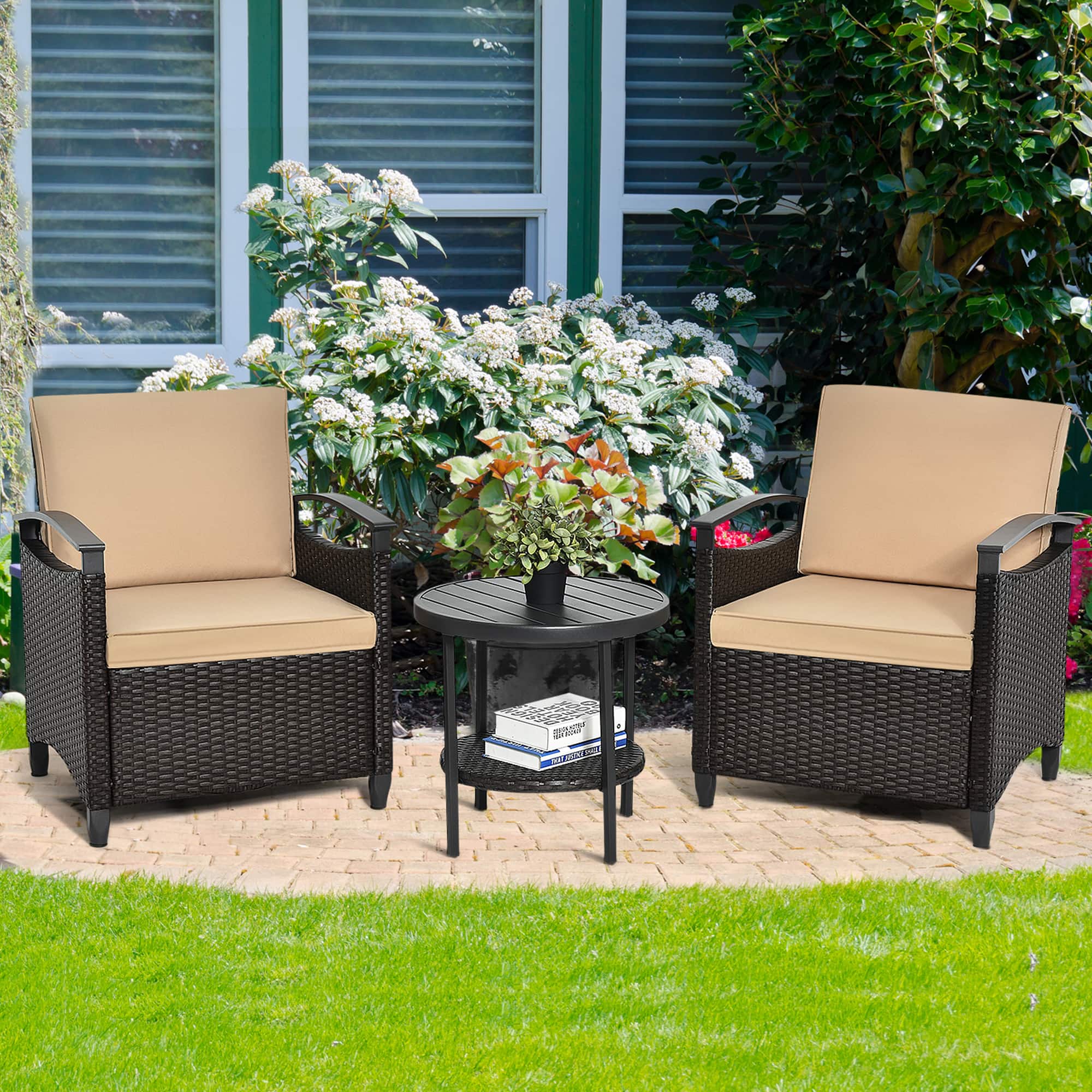 Gymax - 3PCS Outdoor Wicker Bistro Set Patio Conversation Furniture Set w/ Cushions - as pic price history on PriceWatchPro