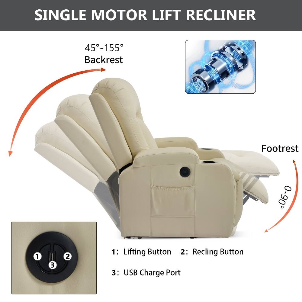 SINGLE MOTOR LIFT RECLINER

45°-155° Backrest

Footrest

0°-90°

1: Lifting Button
2: Reclining Button
3: USB Charge Port