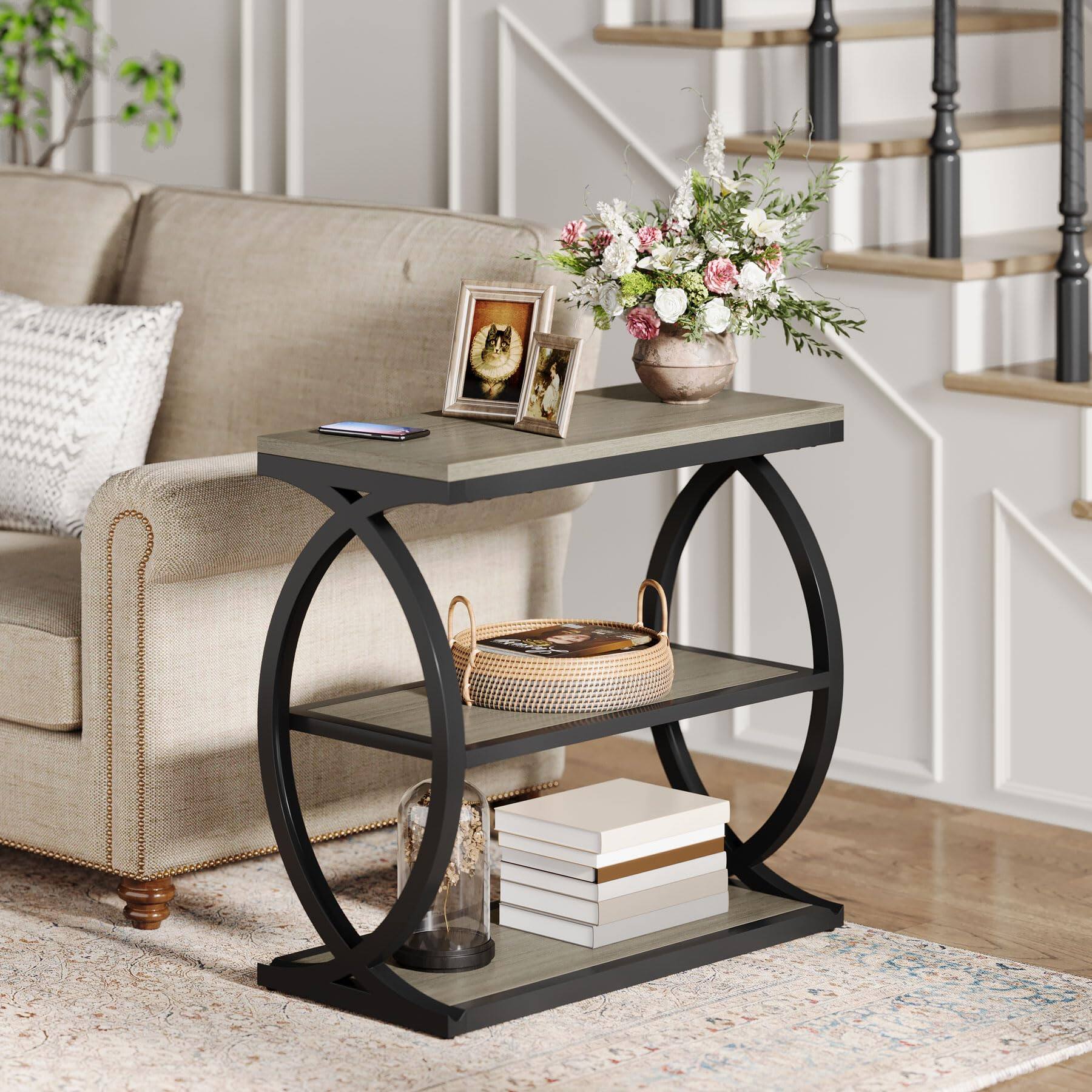 Back. Tribesigns - 3-Tier Narrow End Table, Side Table, Bedside Nightstand, Grey - Grey.
