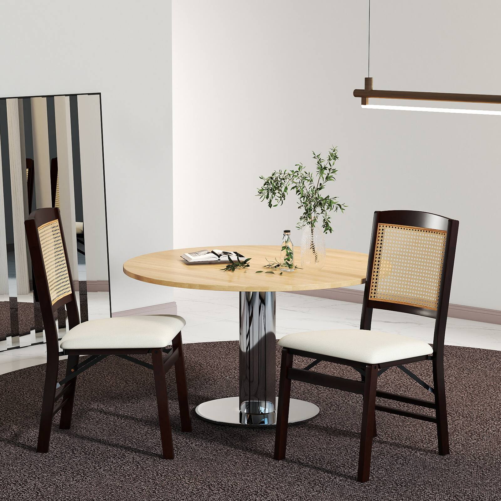 Alt View 1. Costway - Costway Folding Dining Chairs Set of 2 with Linen Padded Seat & Rattan Backrest for Kitchen - Coffee + Natural + Beige.
