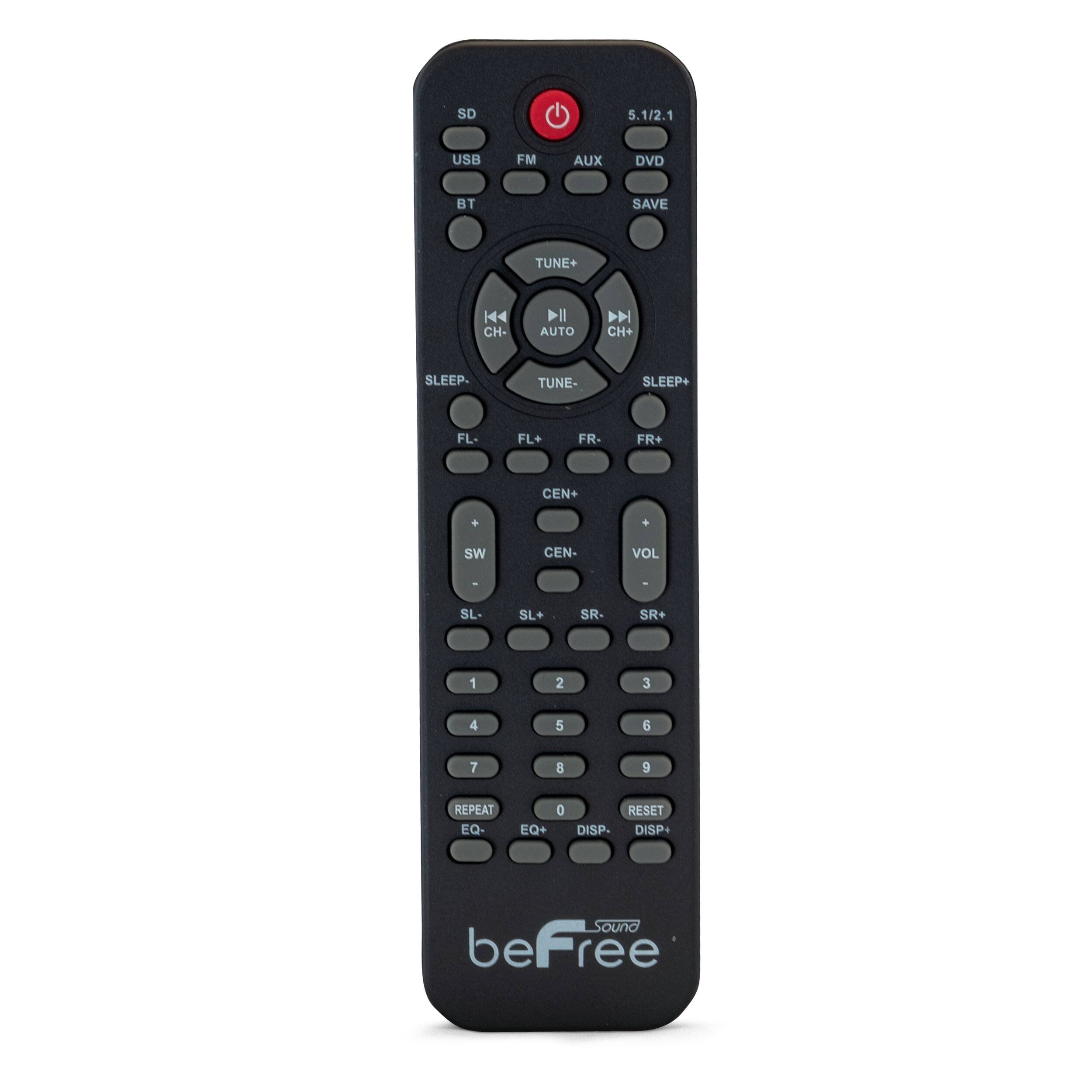 SD 5.1/2.1 USB FM AUX DVD BT SAVE TUNE+ 144 CH- AUTO CH+ SLEEP TUNE- SLEEP+ FL- FL+ FR- FR+ CEN- CEN+ SW SL- SL+ SR- SR+ 1 2 3 4 5 6 7 8 9 REPEAT EQ- EQ+ RESET DISP- DISP SOUND beFree