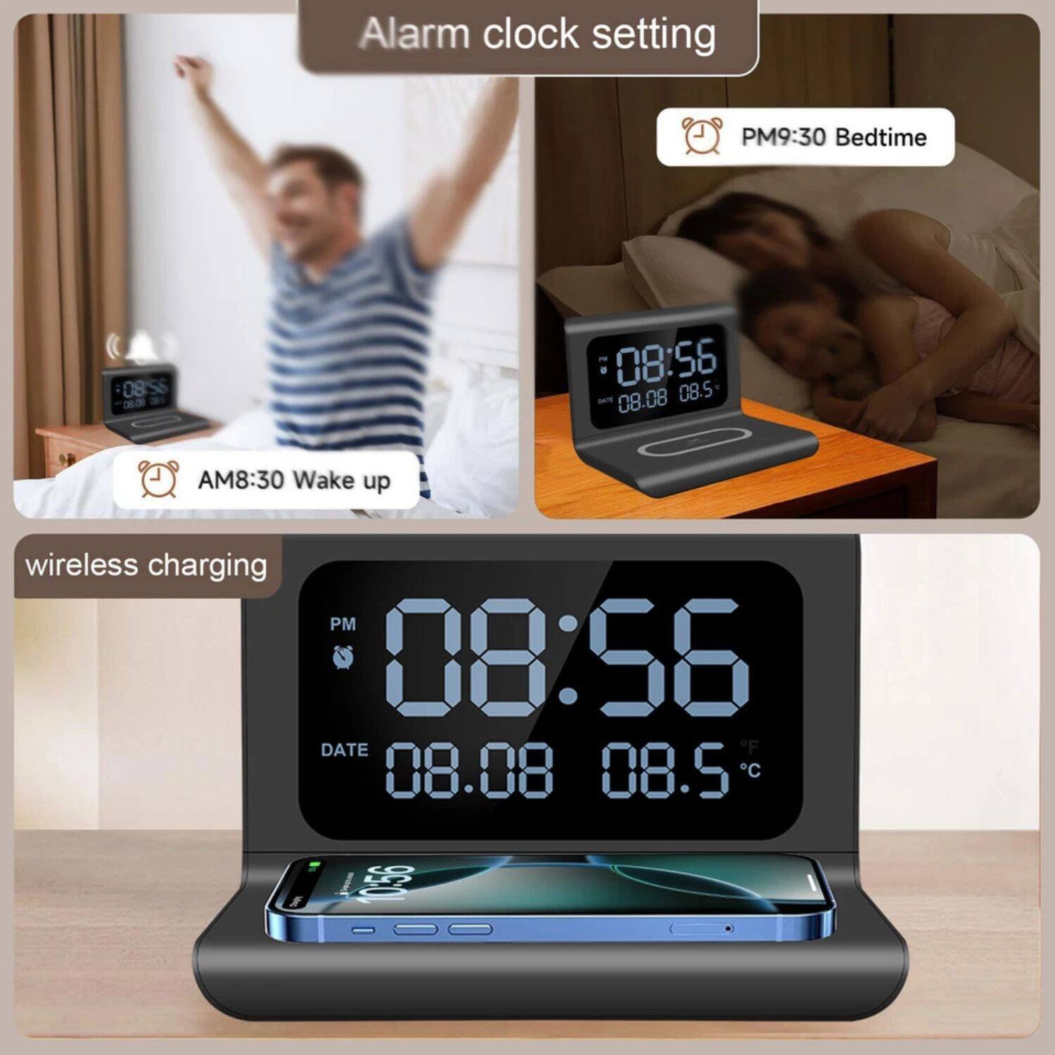 Alarm clock setting

- AM8:30 Wake up
- PM9:30 Bedtime

wireless charging

08:56 PM
08.08 DATE
08.5°C