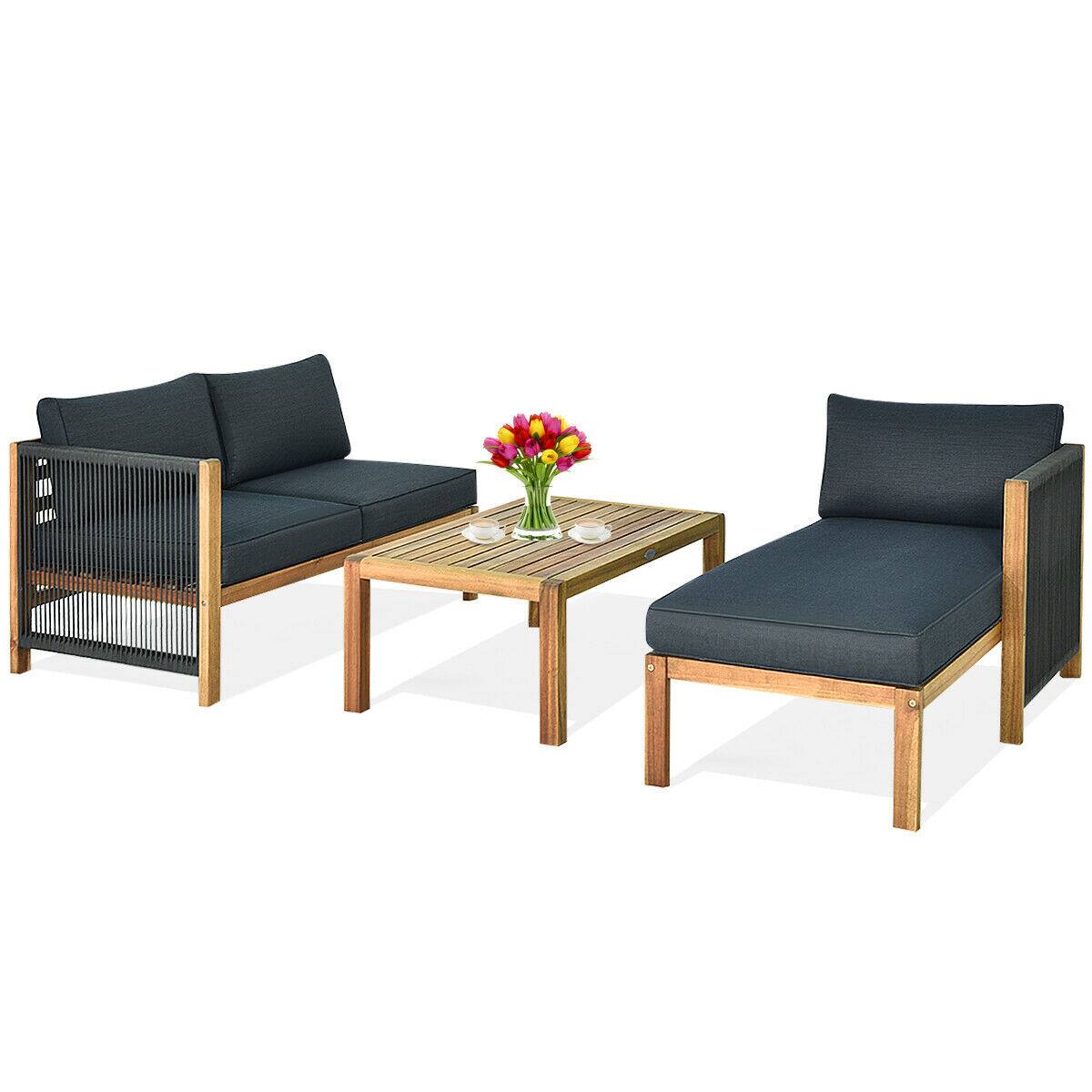 Alt View 4. Gymax - Gymax 3PCS Patio Acacia Wood Sofa Furniture Set Thick Cushion W/Nylon Rope Armrest - teak and grey.