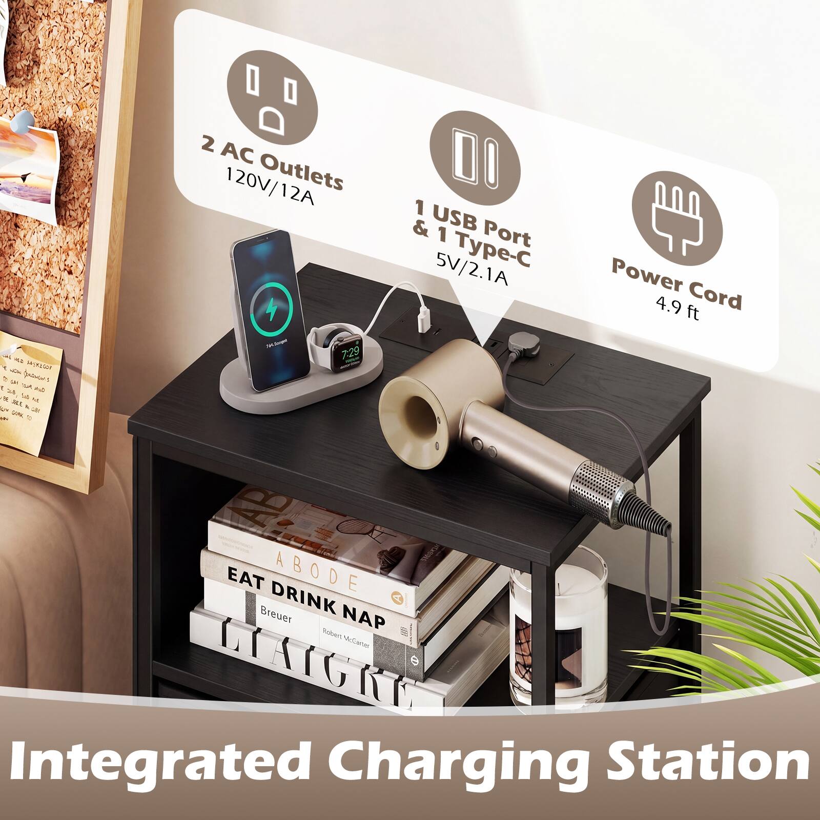 - -   STRE  saT jnee! - 1  ~  1  J M  &   QIAK F 0 O 2 AC 120V/12A Outlets 12A 4 nothing_to_tanscribe 7:29 DO 1 & USB 1 Port 5V/2.1A Type- Power 4.9 Cord ft EAT ABODE Breuer DRINK NAP Rusbren) MCerer GIAIGRE Integrated Charging Station