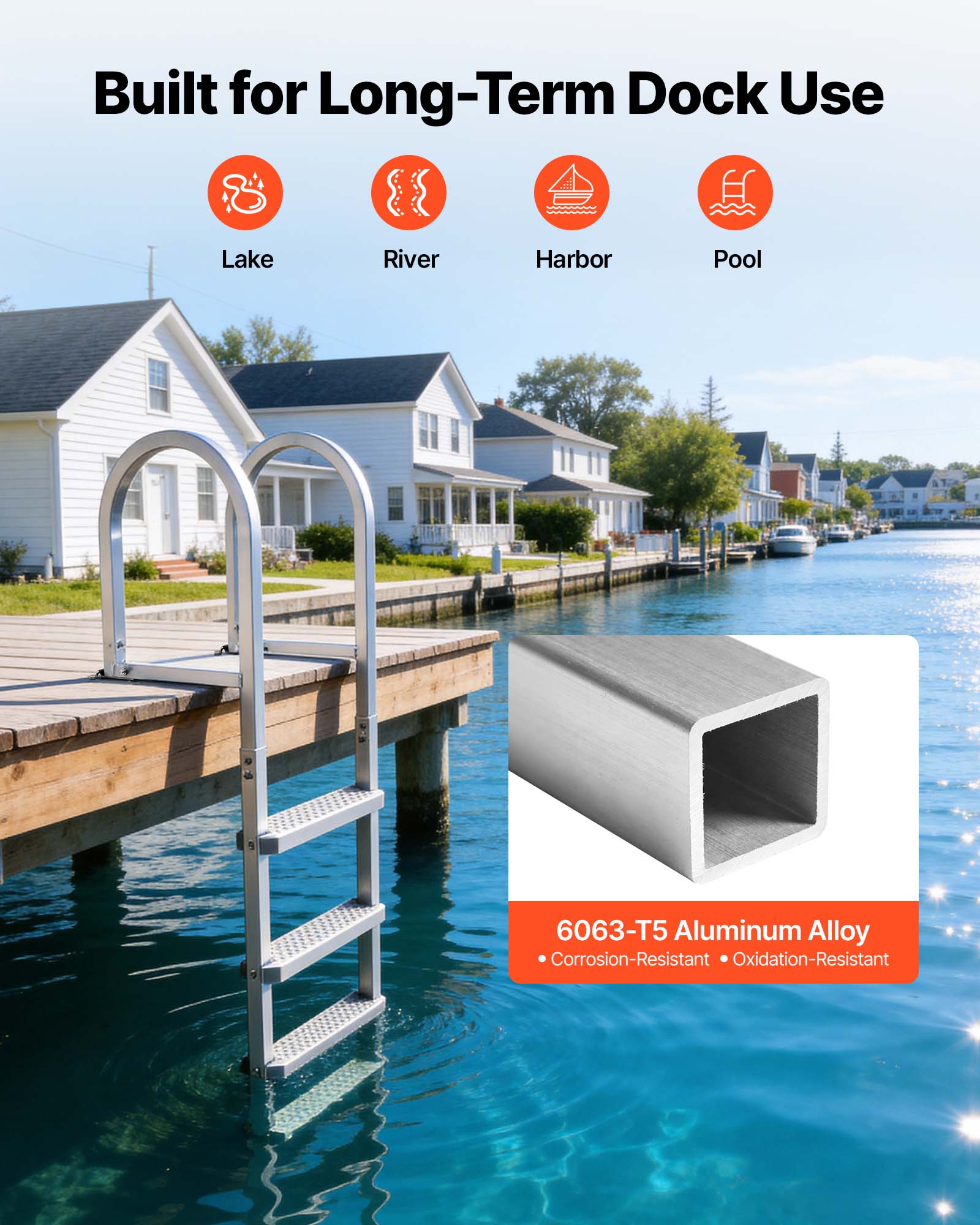 Built for Long-Term Dock Use

Lake  
River  
Harbor  
Pool

6063-T5 Aluminum Alloy  
• Corrosion-Resistant  
• Oxidation-Resistant