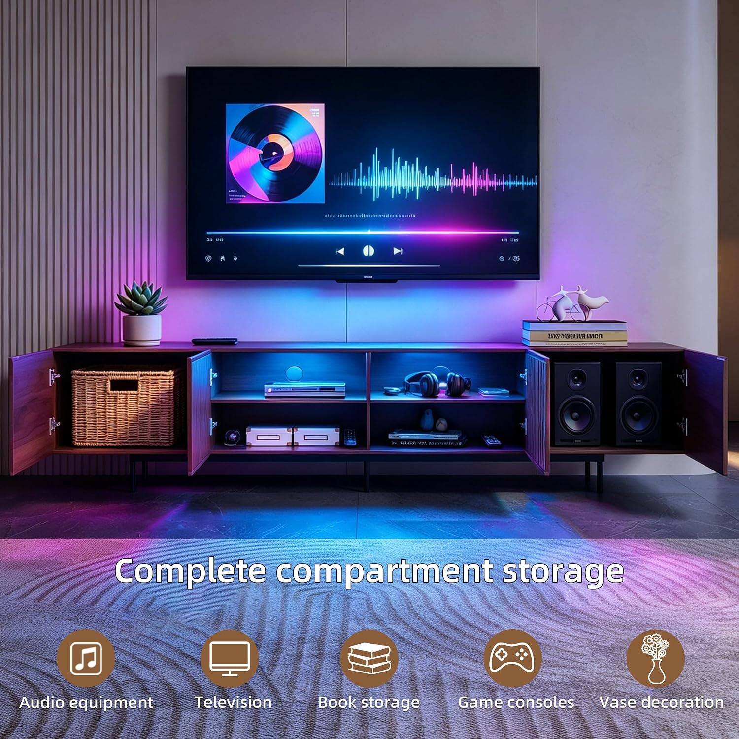 Complete compartment storage  
Audio equipment  
Television  
Book storage  
Game consoles  
Vase decoration