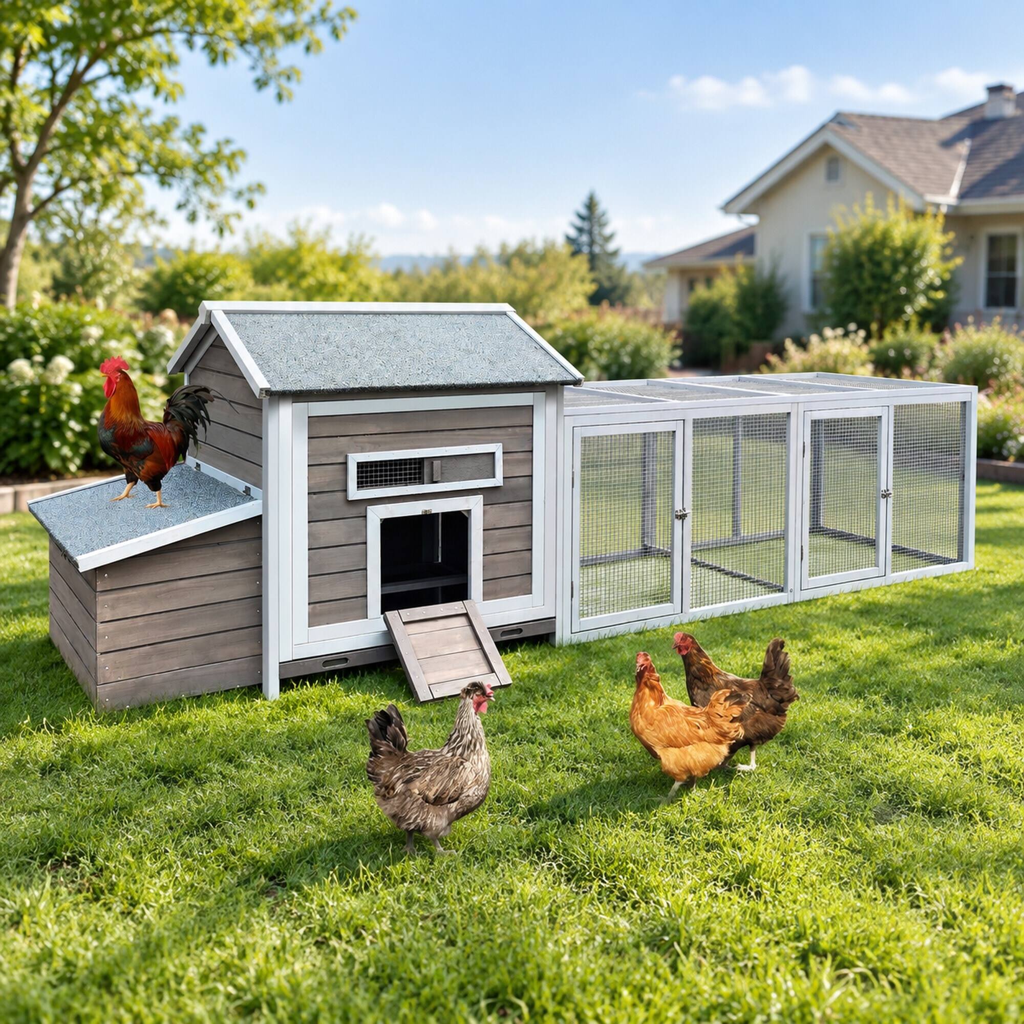 Left. RYHNUYNE - 114 in Wooden Chicken Coop, Outdoor Run, Nesting Box, Lockable Doors, Ramp, 19.6 sq ft.