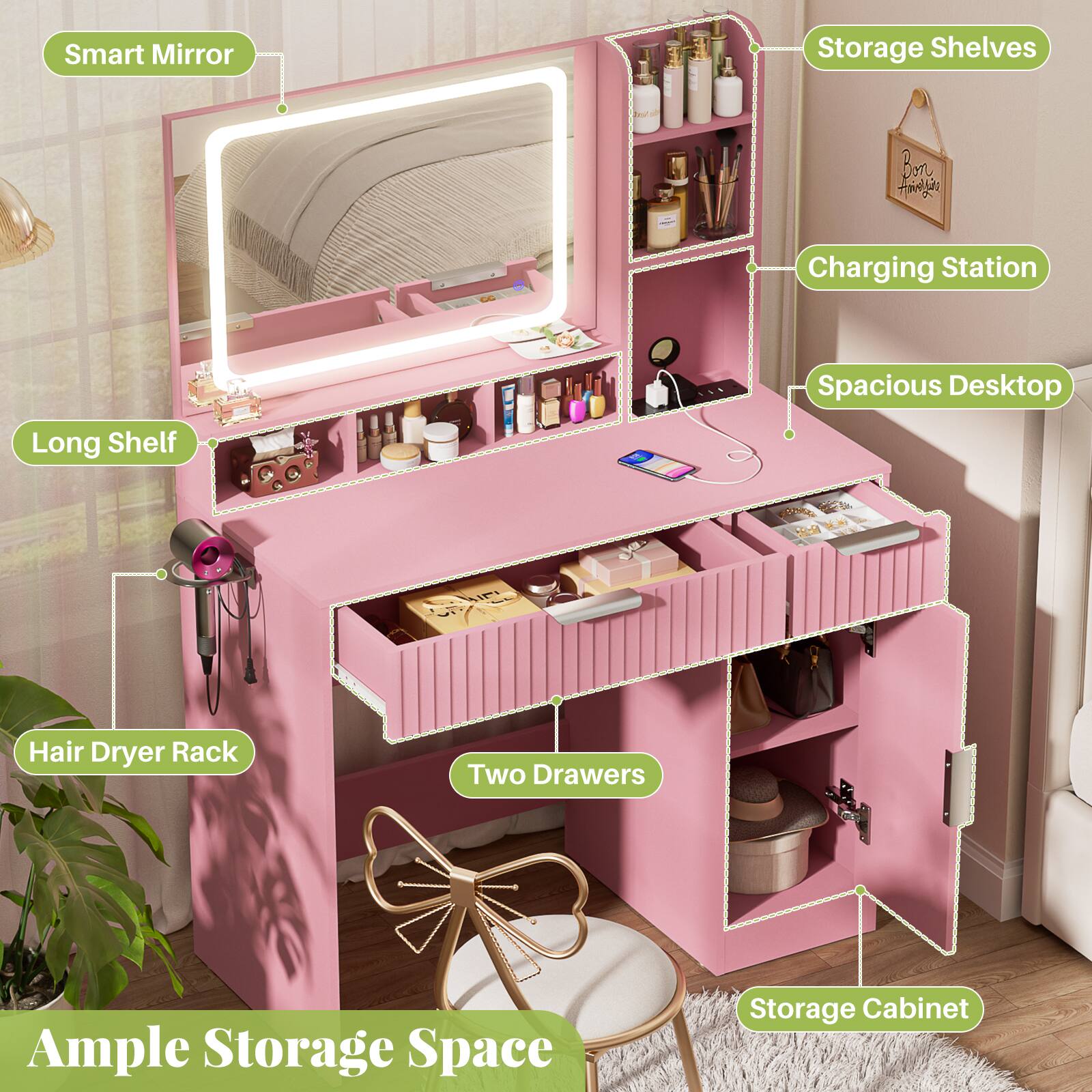 Smart Mirror Storage Shelves Bon R Charging Station Spacious Desktop Long Shelf SPARIN Hair Dryer Rack Two Drawers Ample Storage Space Storage Cabinet